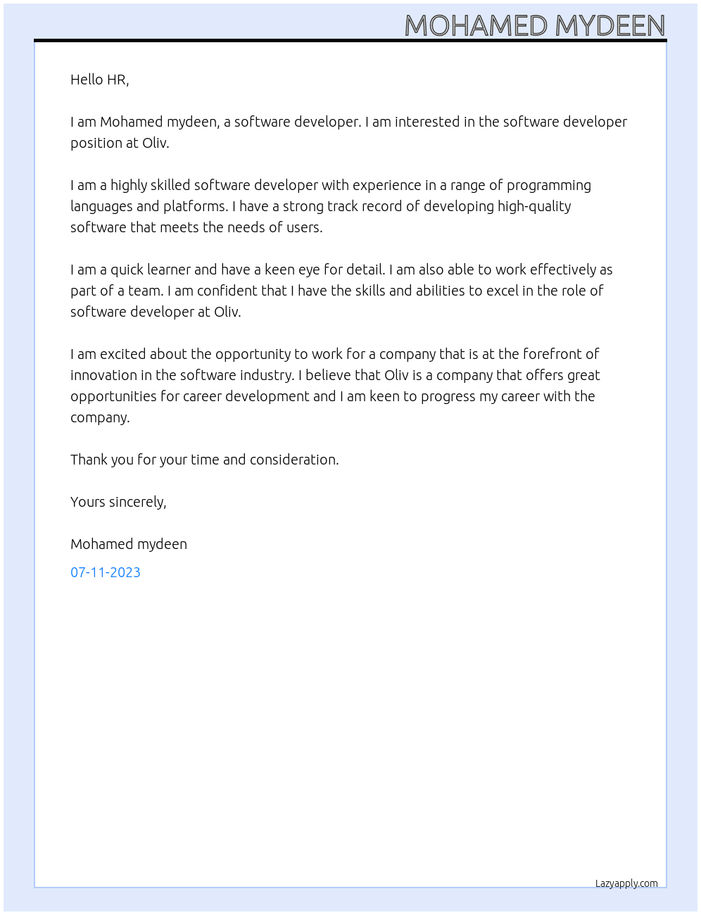 Software developer  At Oliv Cover Letter