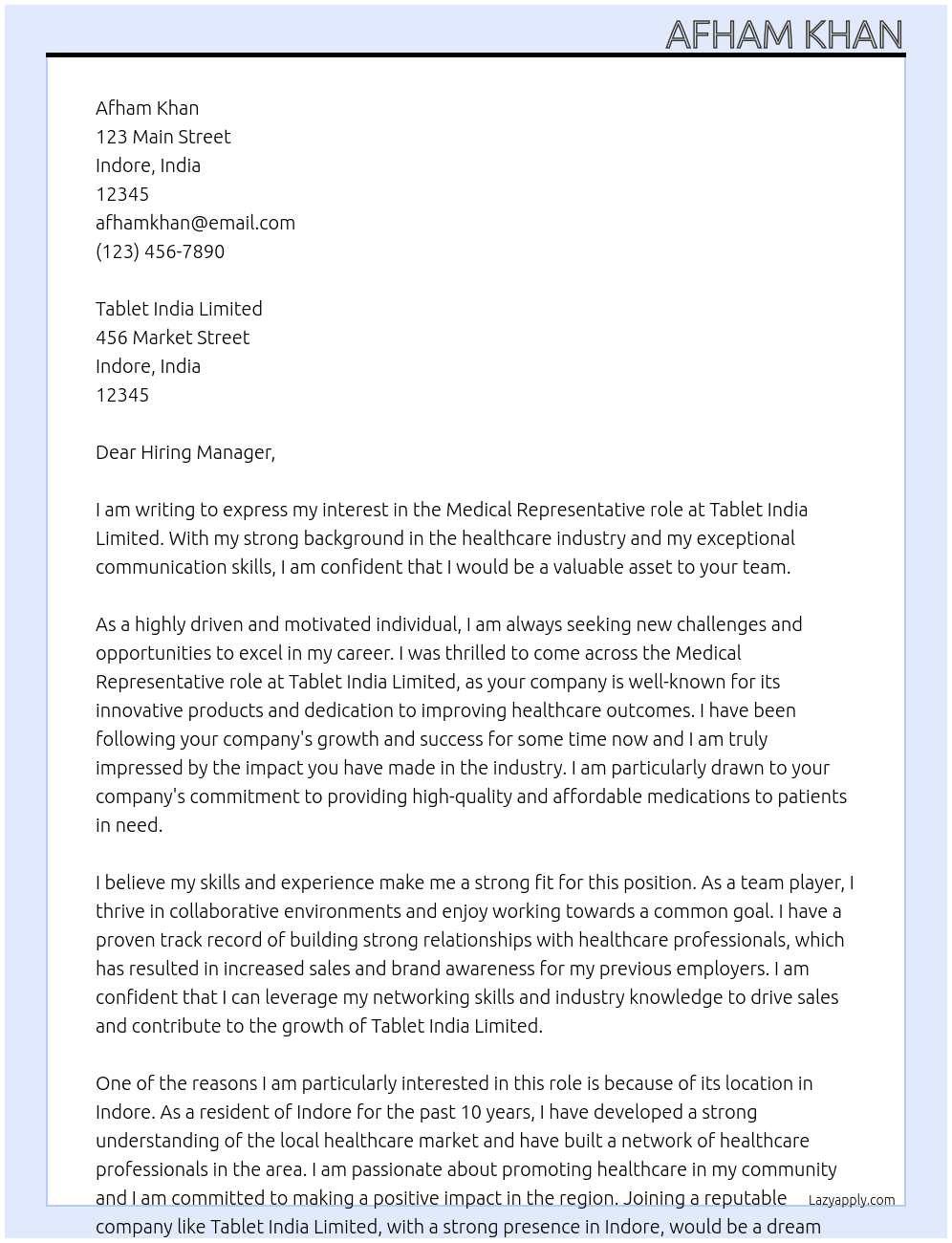 Medical Representative  At Tablet india Limited Cover Letter