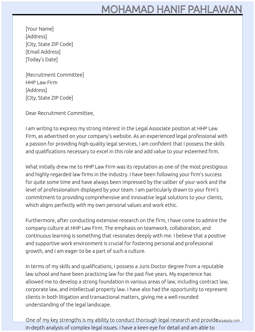 Legal Associate At HHP Law Firm Cover Letter