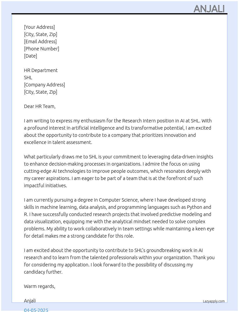 Research Intern, AI At SHL Cover Letter
