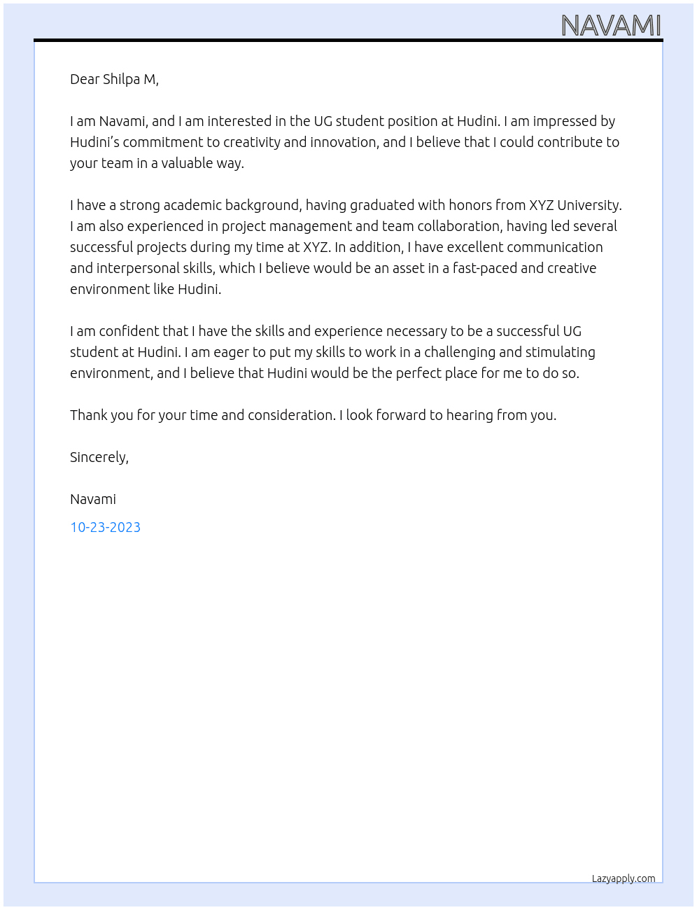 UG student At Hudini Cover Letter