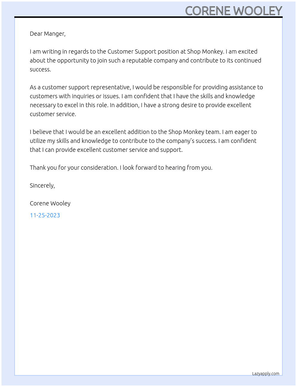 Customer support At Shop monkey Cover Letter