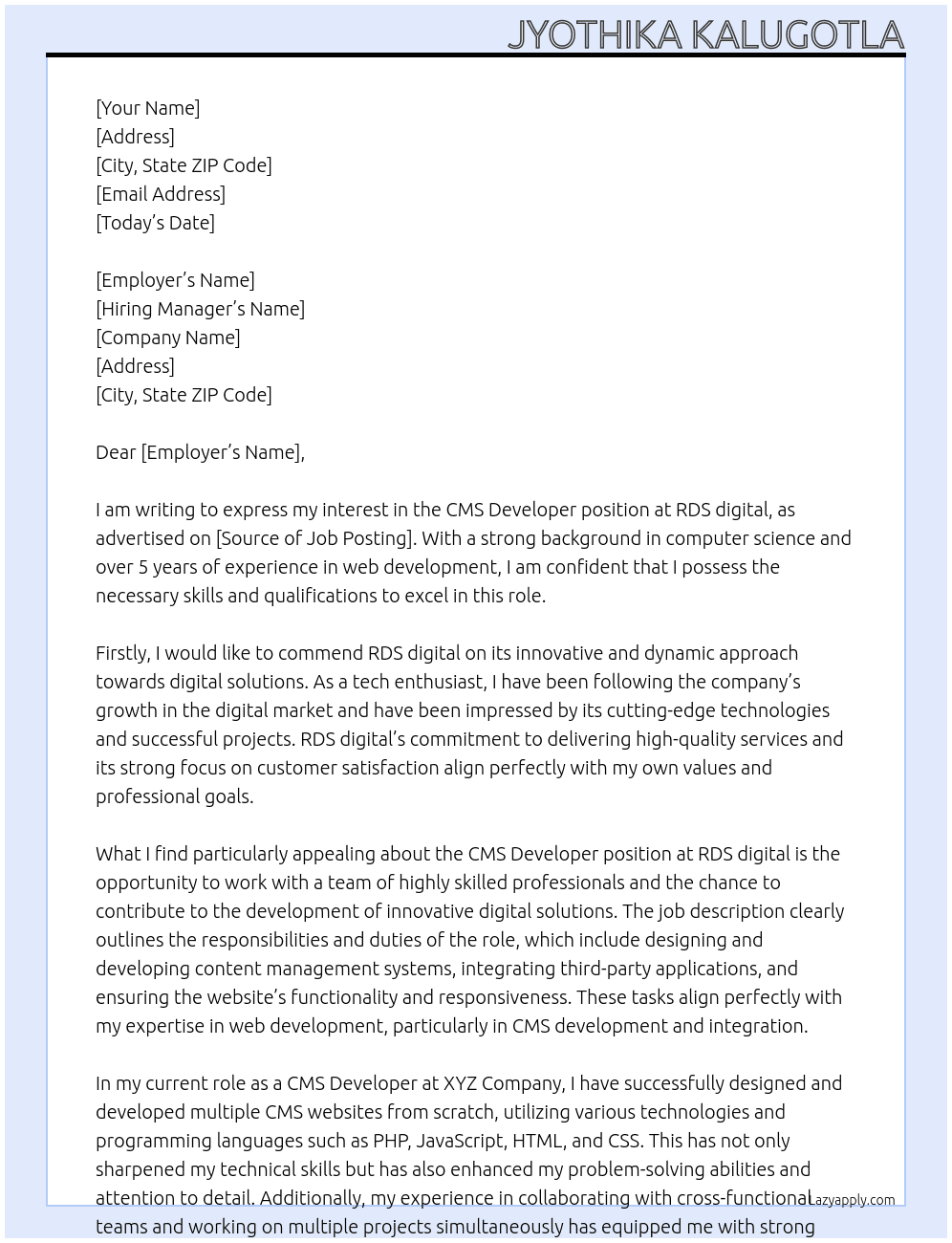 CMS Developer At RDS digital Cover Letter