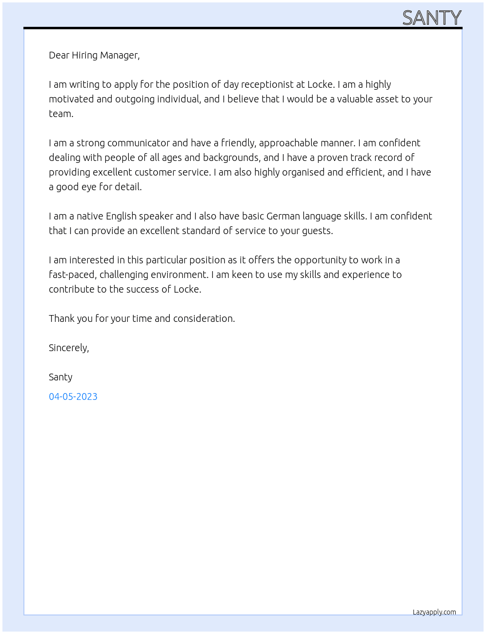 Day receptionist At Locke Cover Letter