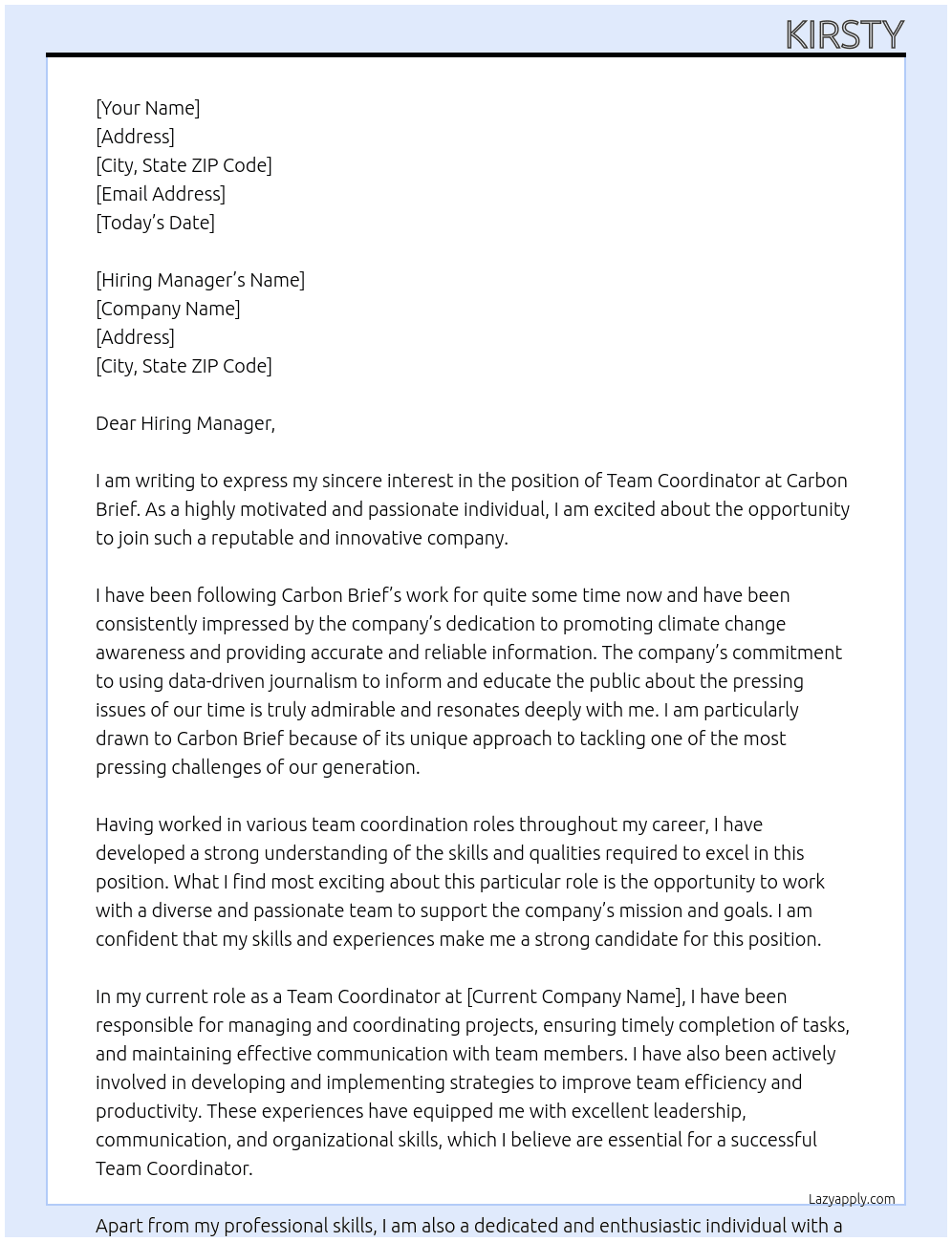 Team coordinator At Carbon Brief Cover Letter