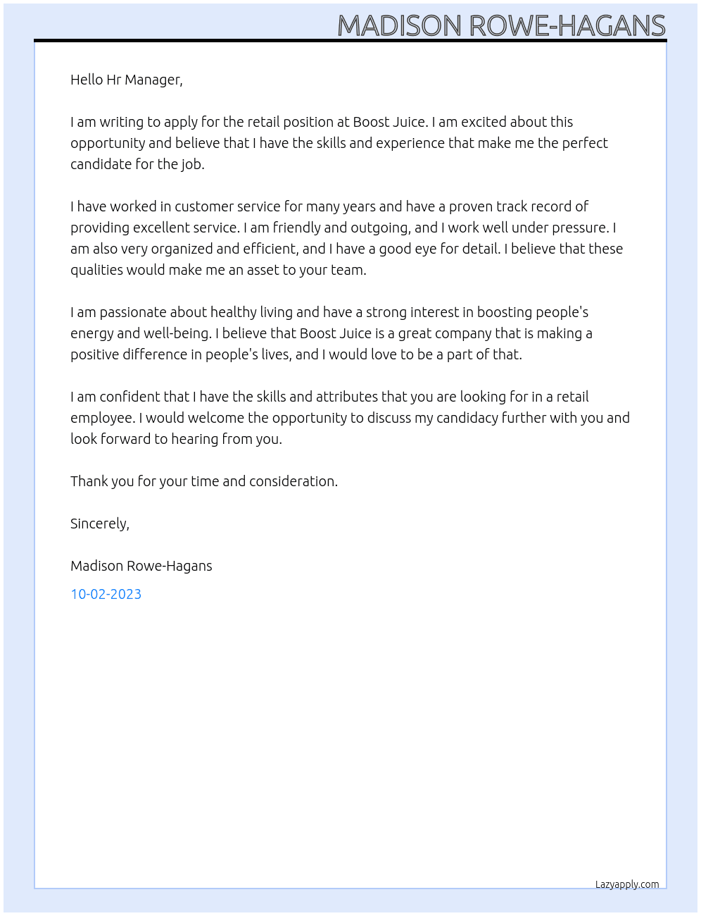 retial At Boost Juice Cover Letter