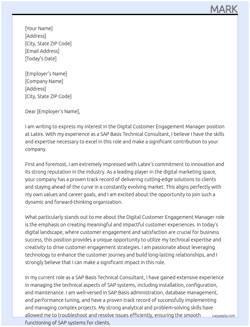 Digital Customer Engagement Manager - SAP Basis Technical Consultant At Latex Cover Letter