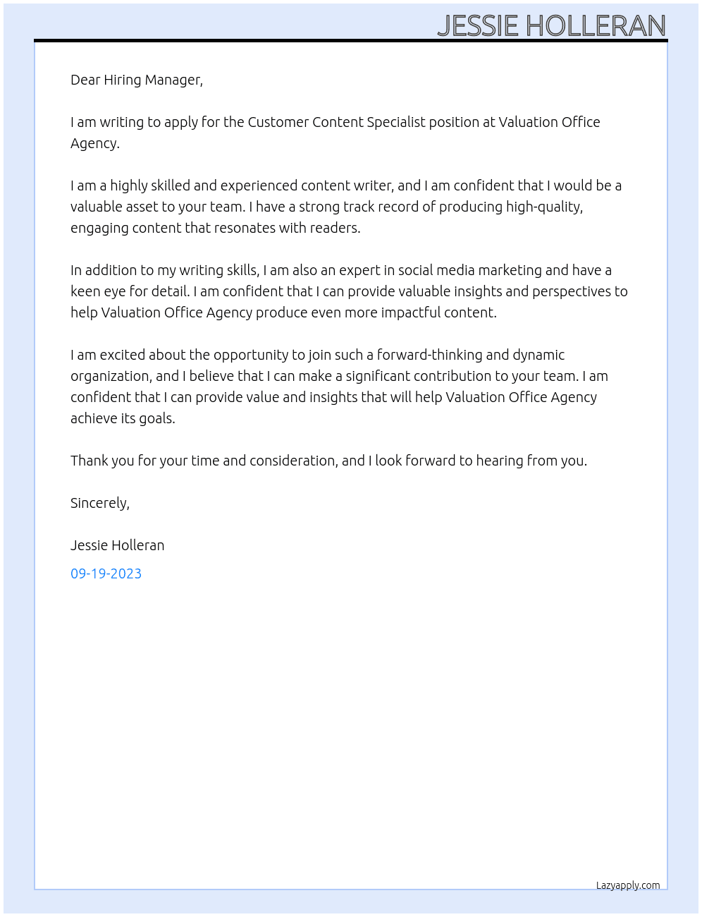 Customer Content Specialist  At Valuation office agency  Cover Letter