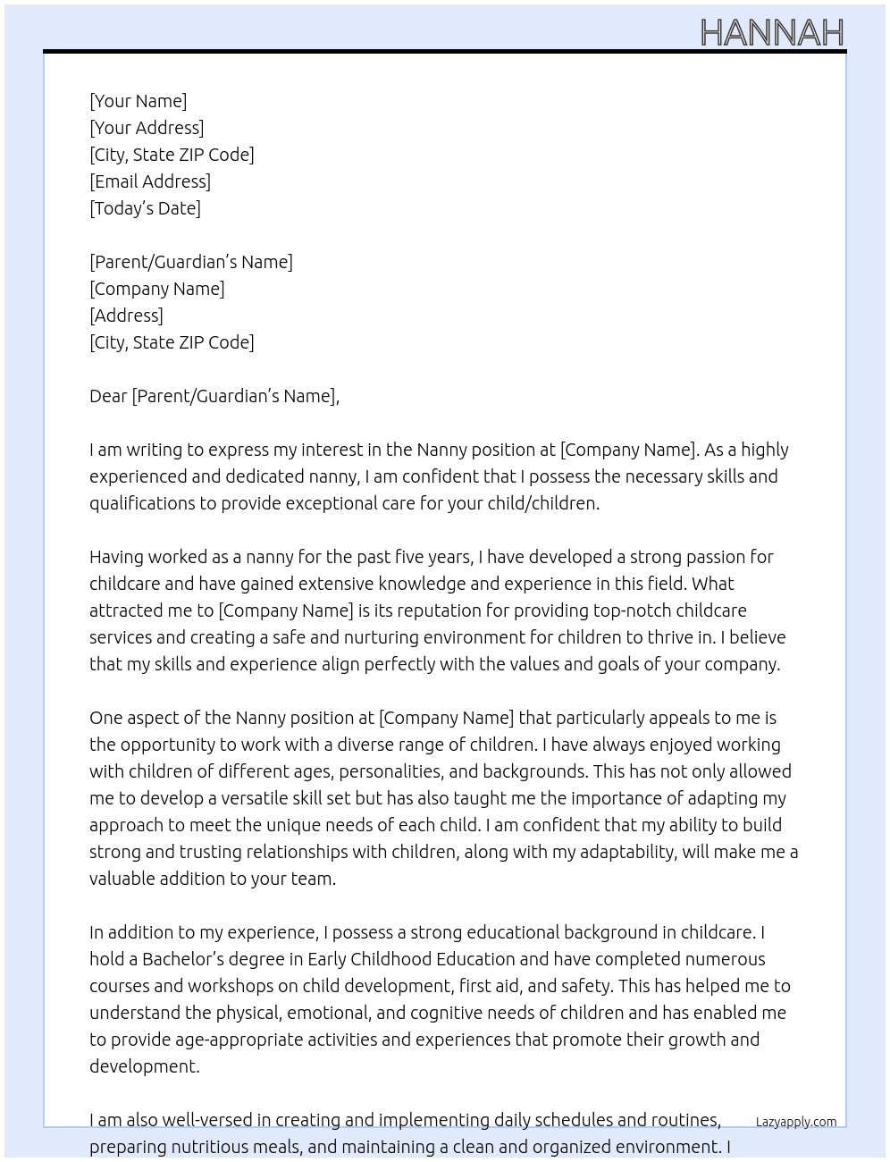 Nanny At nanny Cover Letter