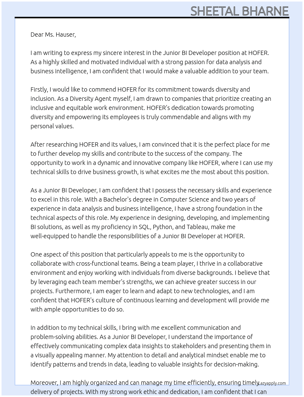 Junior BI Developer At HOFER Cover Letter