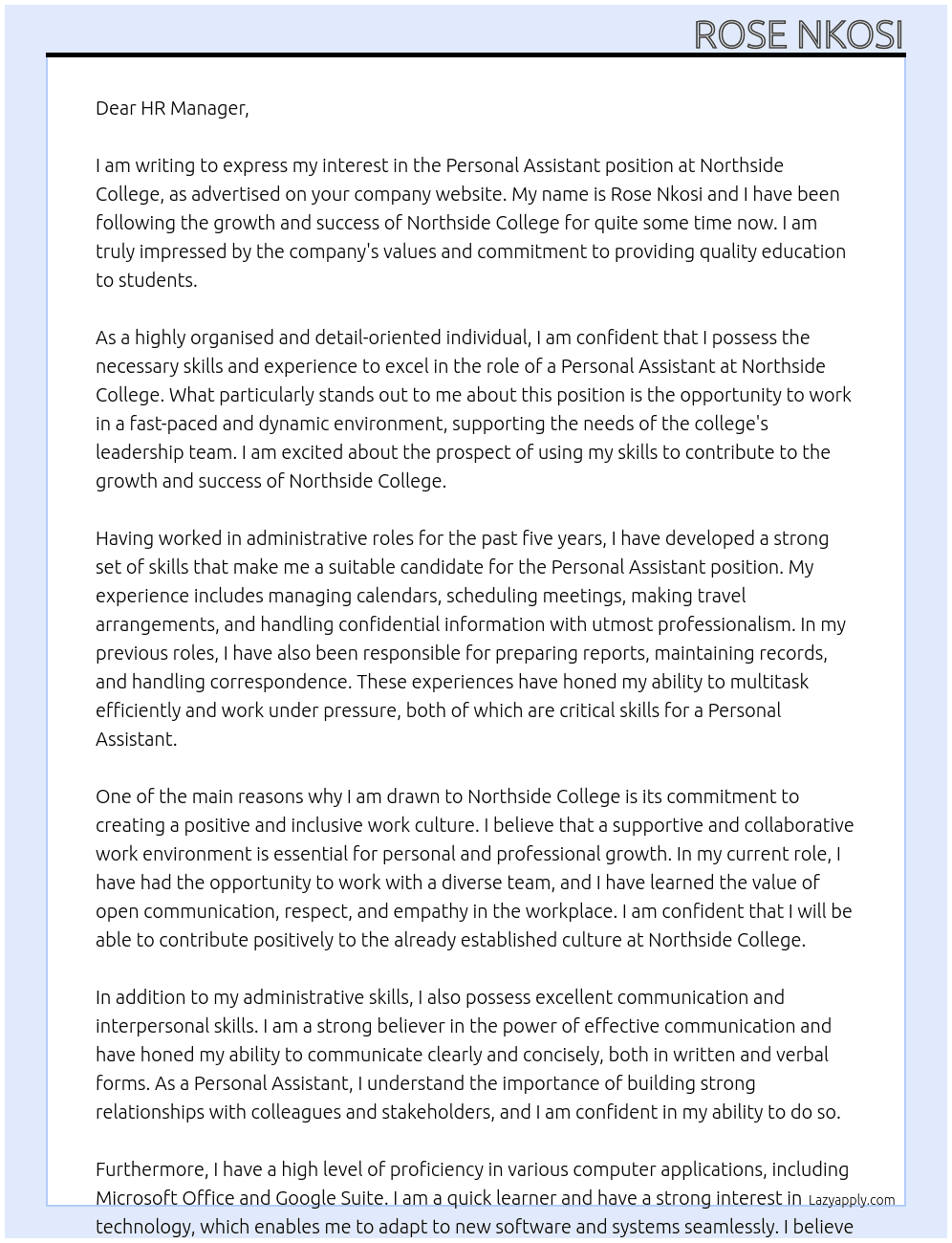 personal assistant At northside college Cover Letter