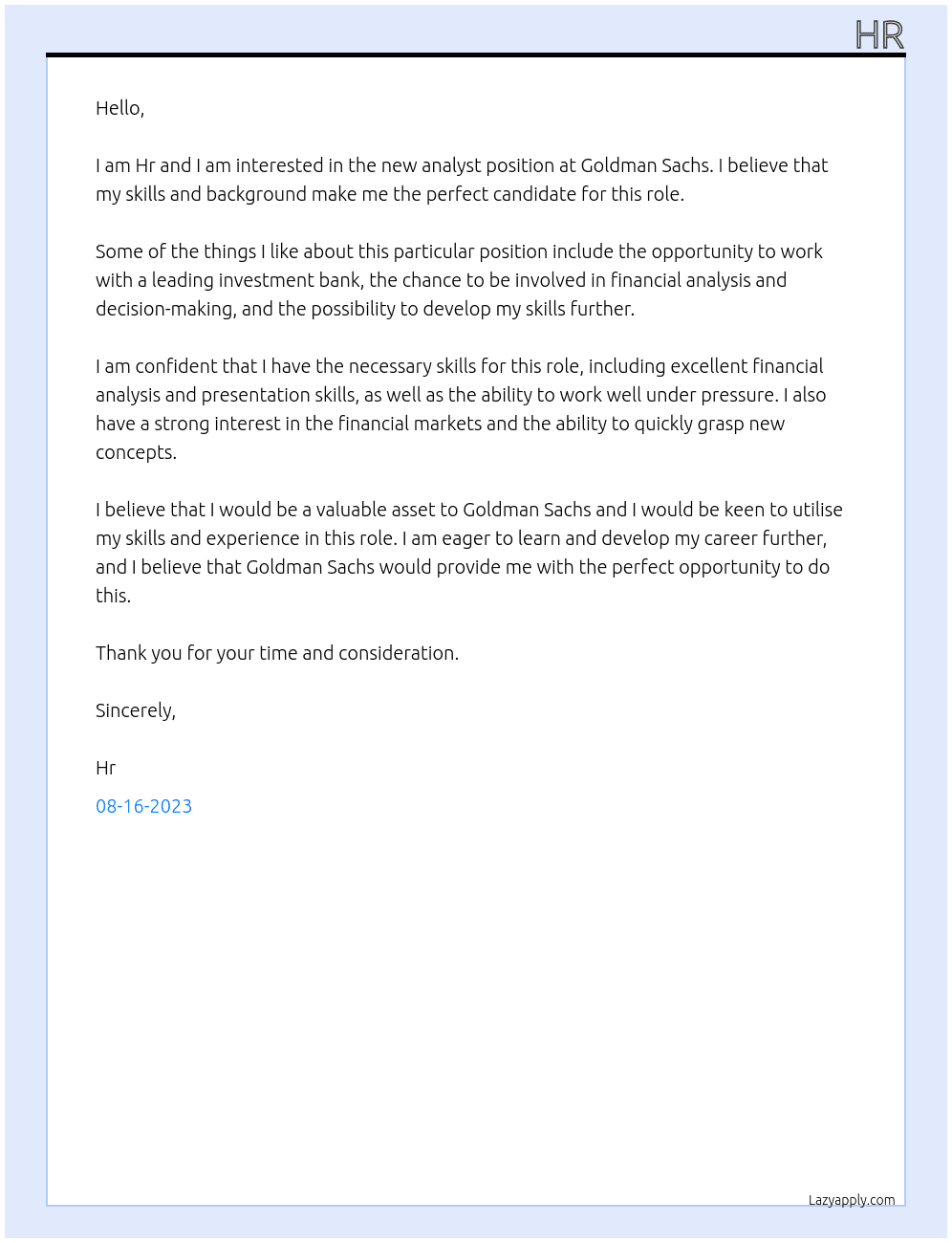 new analayst At goldmansacks Cover Letter