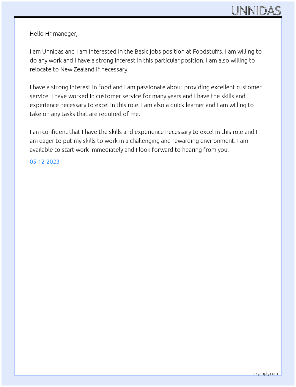 Basic jobs At Foodstuffs Cover Letter