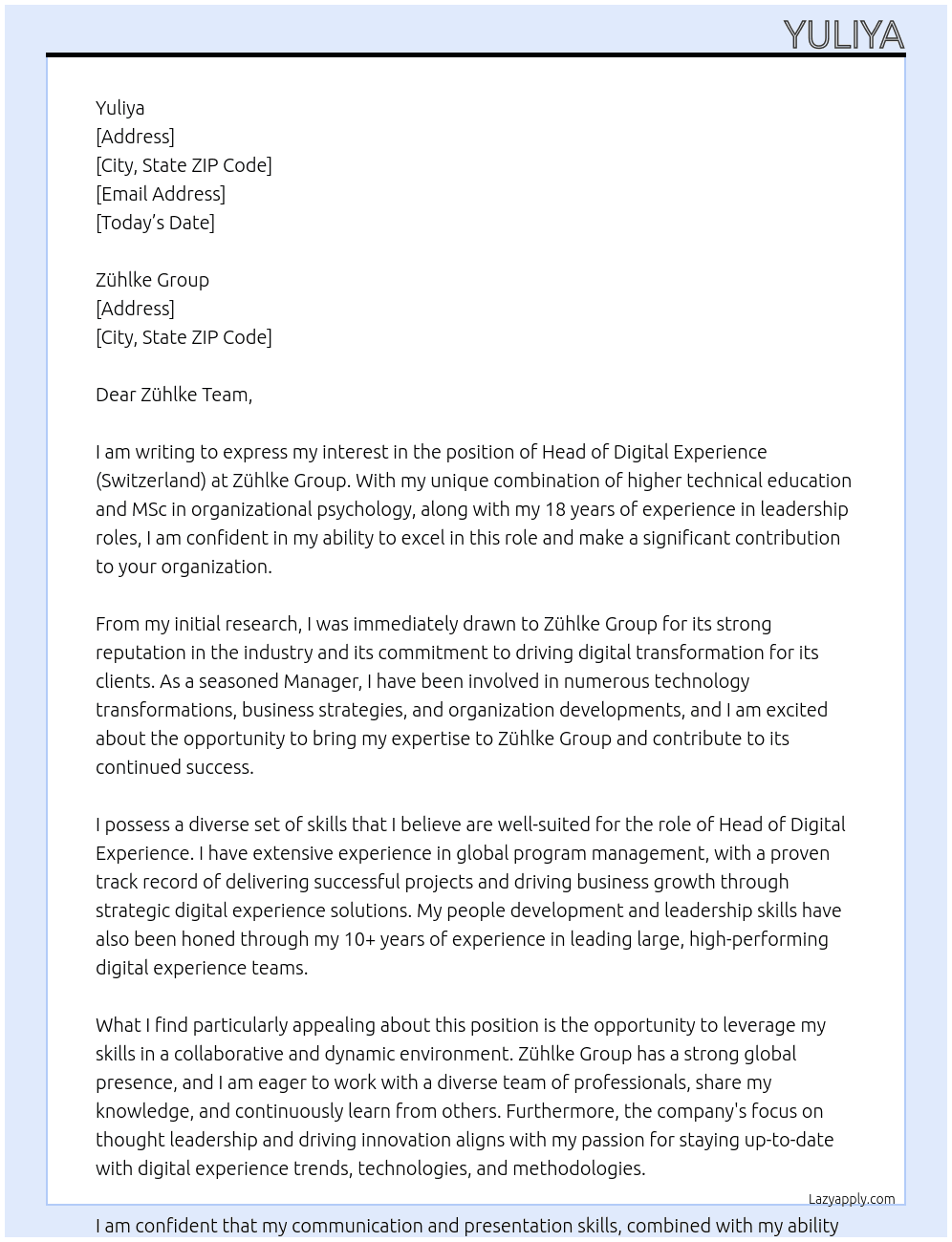 Head of Digital Experience (Switzerland) At Zühlke Group Cover Letter