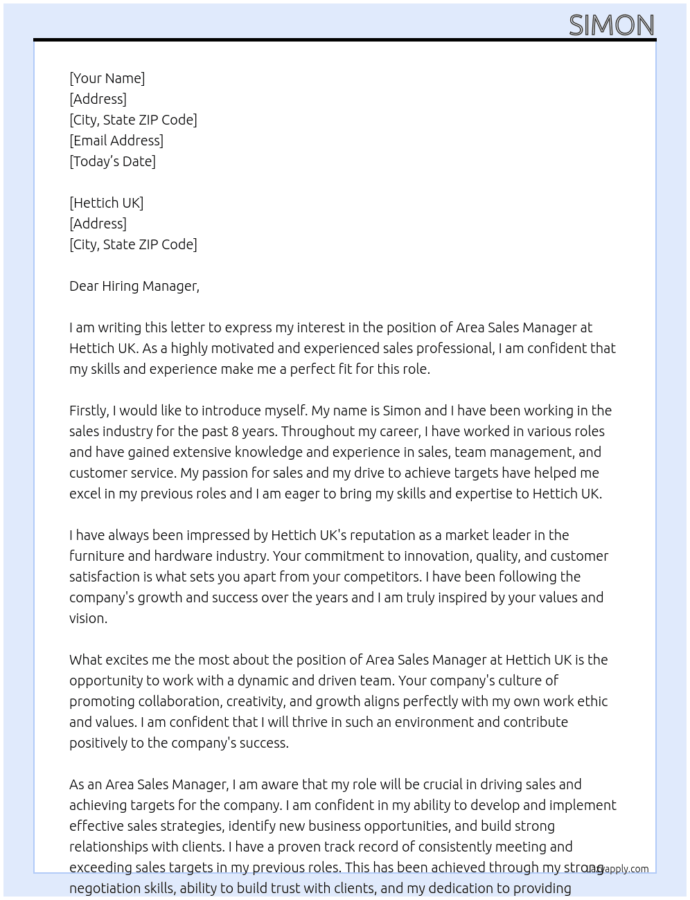 Area Sales Manager At Hettich UK Cover Letter