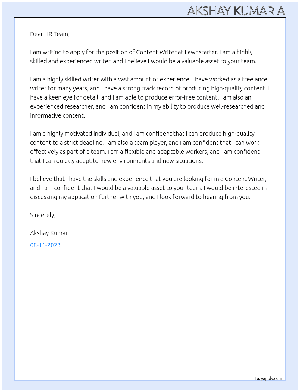CONTENT WRITER At LAWNSTARTER Cover Letter