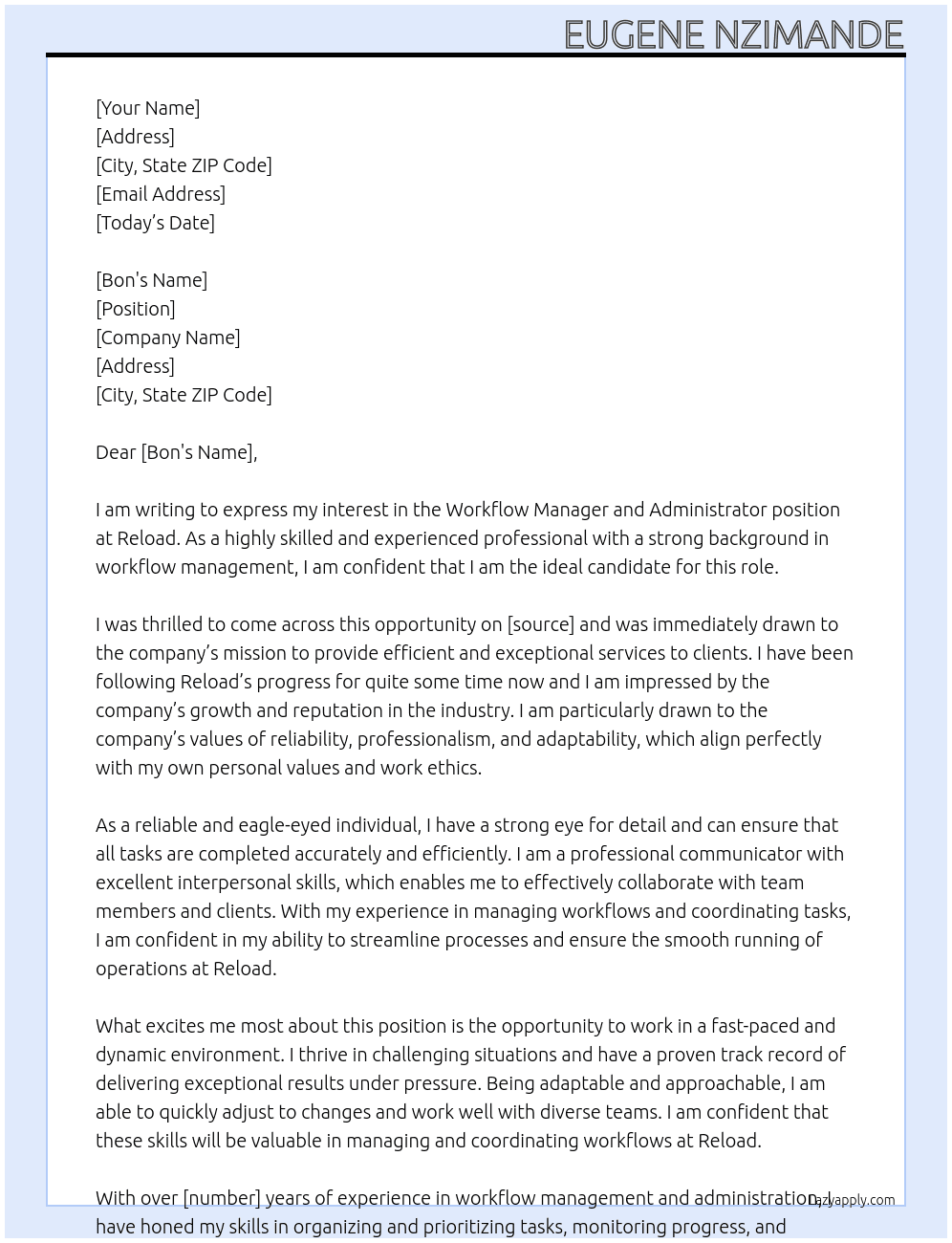 Workflow Manager and Administrator At Reload Cover Letter