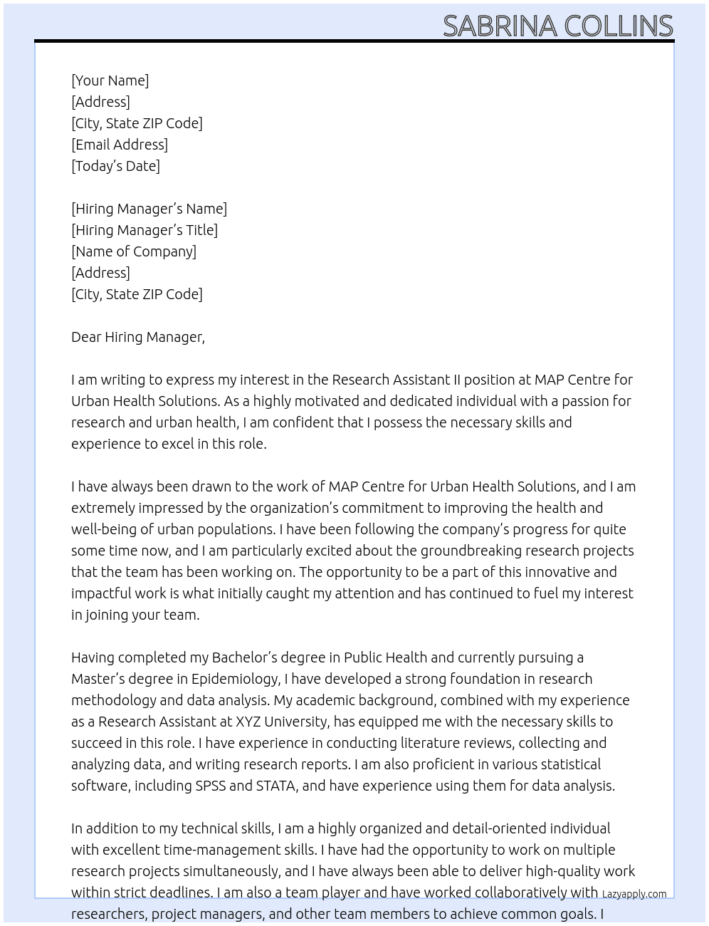 Research Assistant II At MAP Centre for Urban Health Solutions Cover Letter