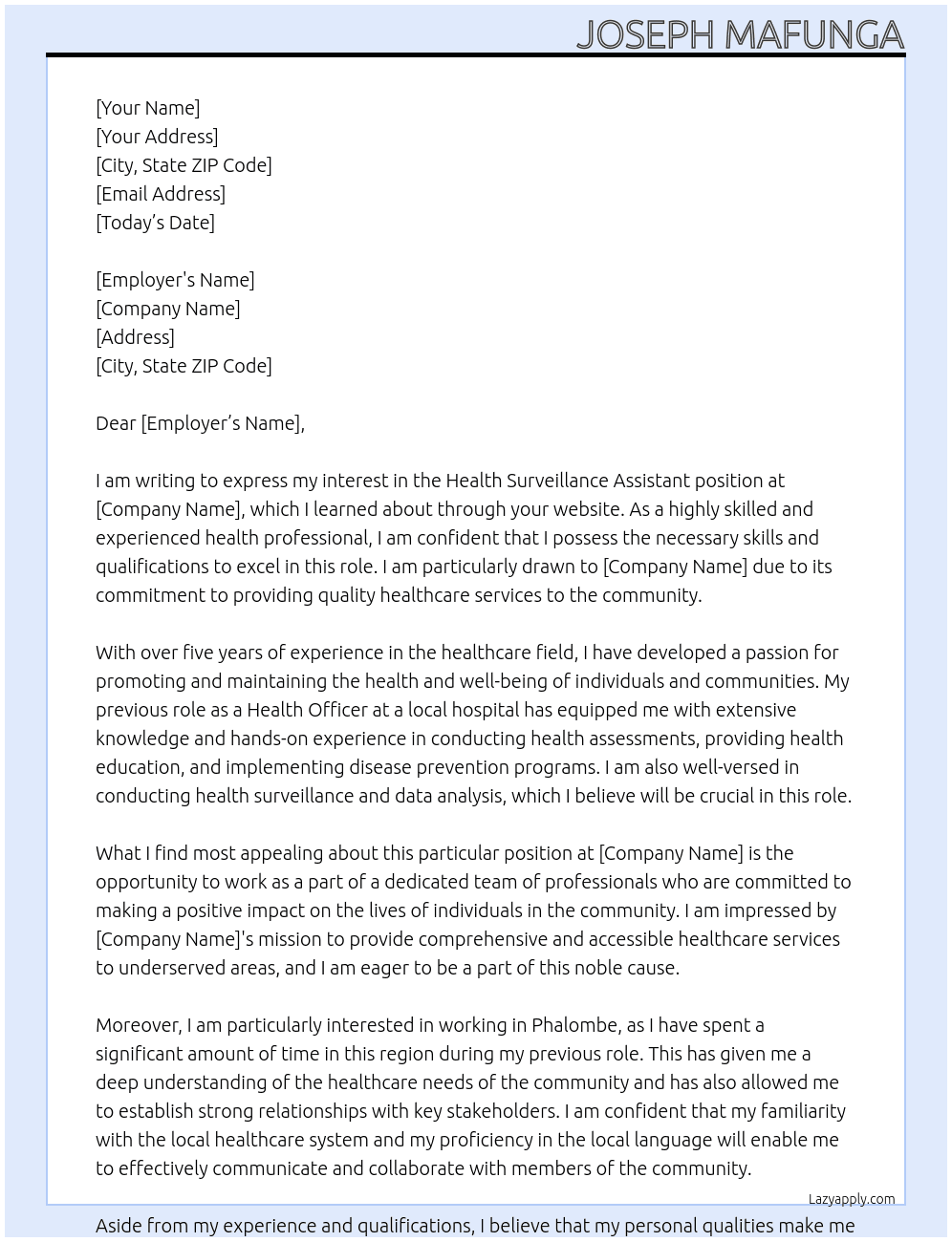 Health Surveillance Assistant At Hsaa Cover Letter