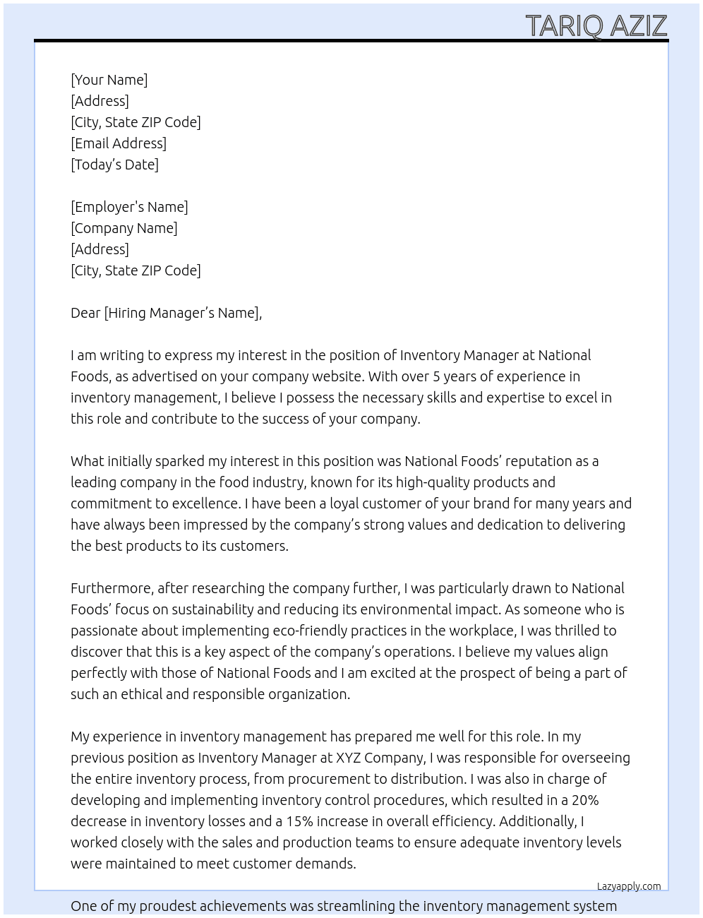 inventory manager At National Foods Cover Letter