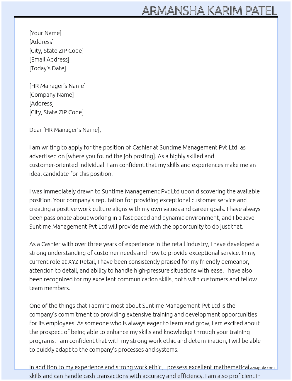 Cashier At Suntime Management Pvt Ltd Cover Letter