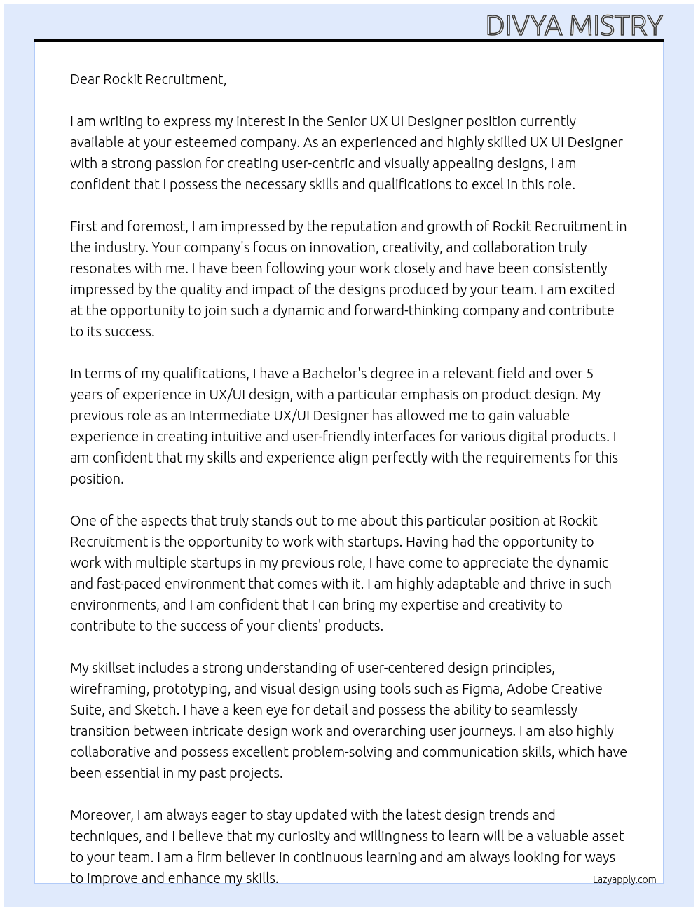 Senior UX UI Designer At Rockit Recruitment Cover Letter