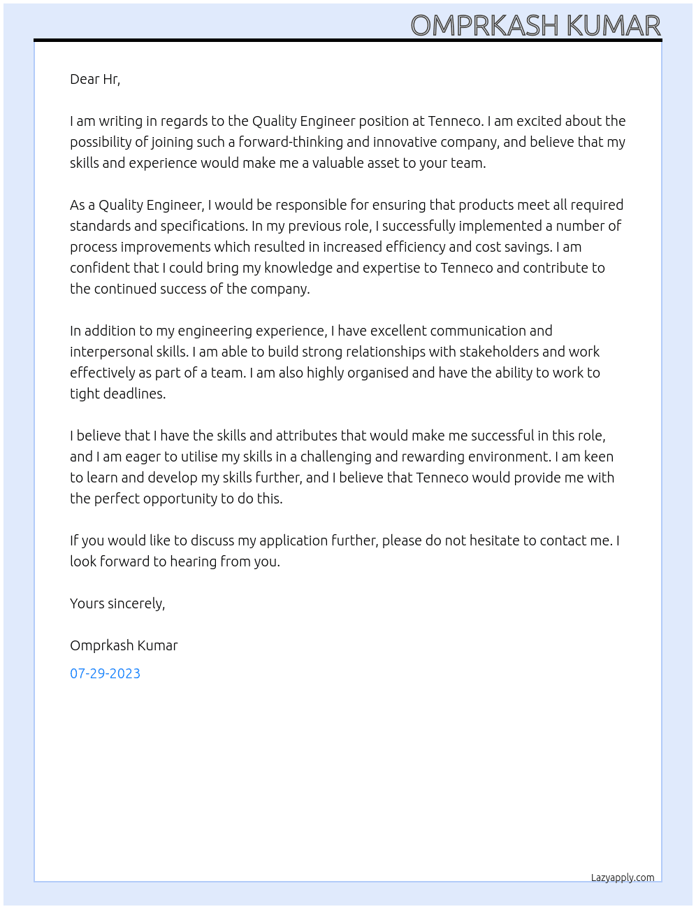 Quality Engineer At Tenneco Cover Letter