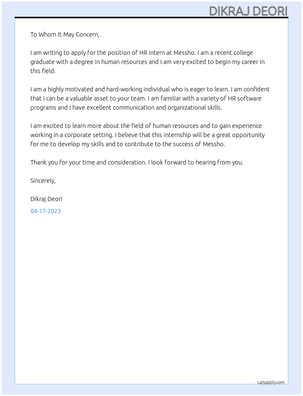 HR intern At Messho Cover Letter