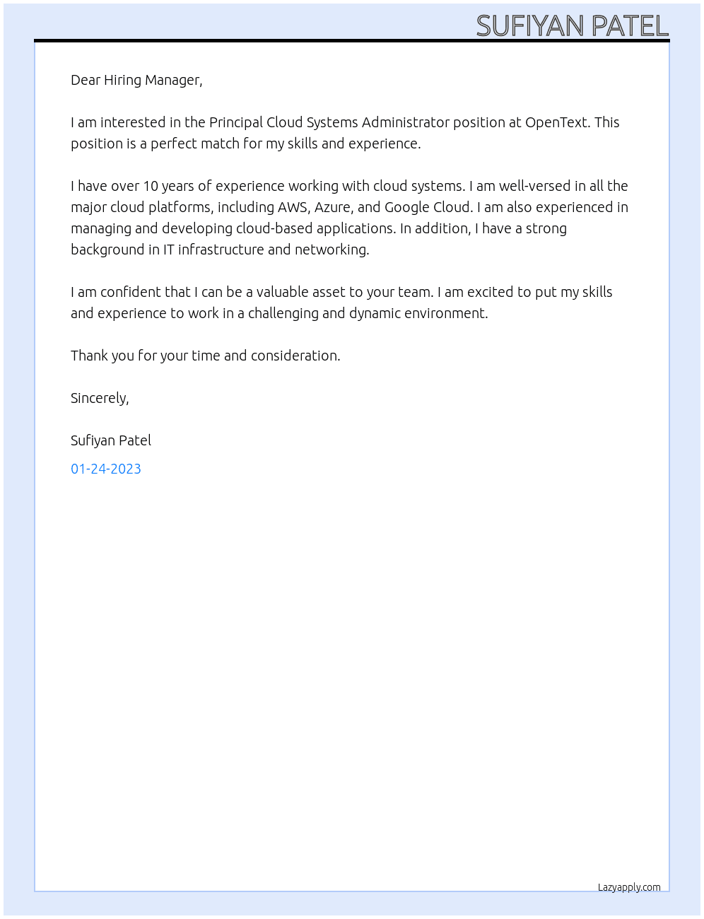 Cover letter for principal cloud systems administrator - LazyApply