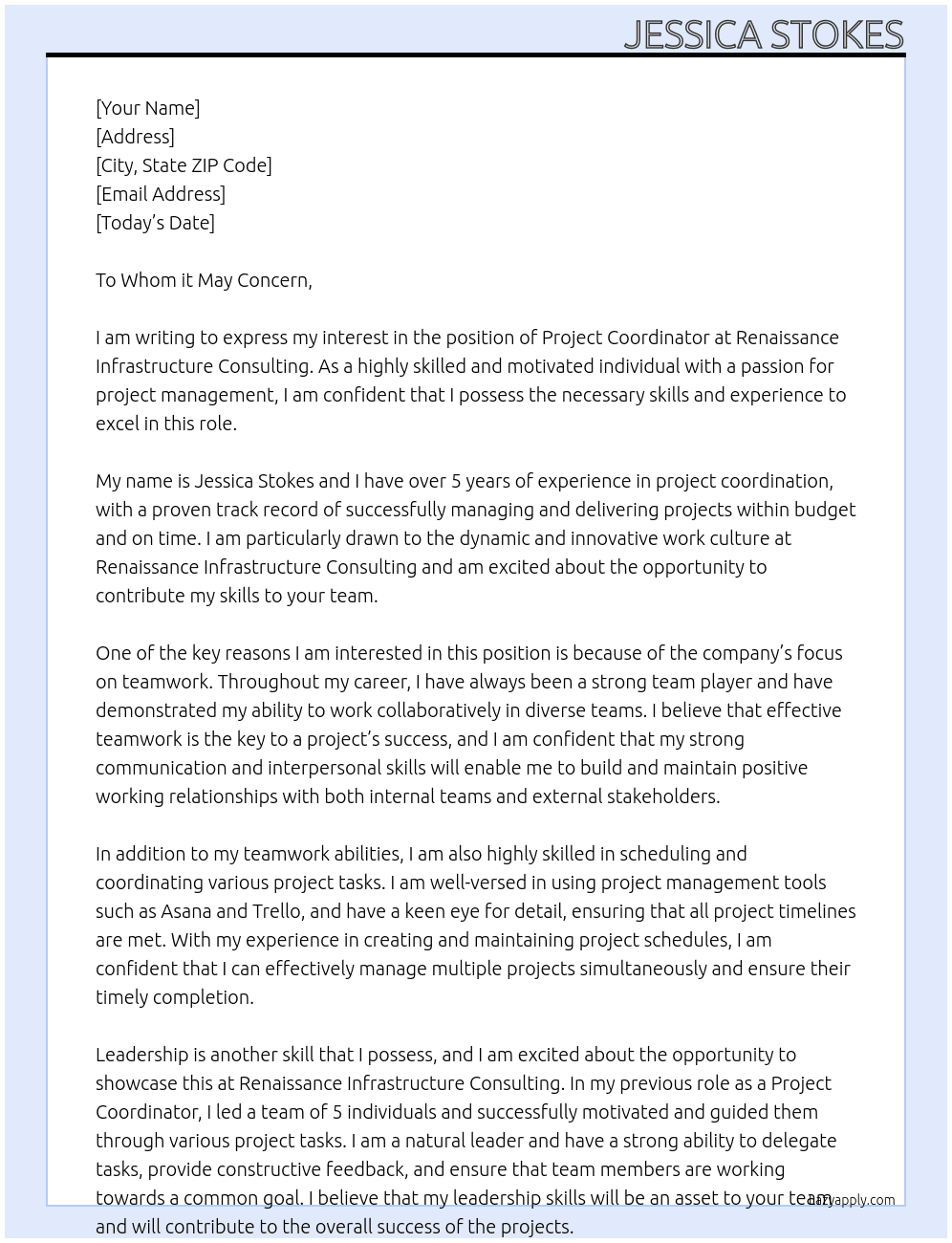 Project Coordinator At Renaissance Infrastructure Consulting Cover Letter