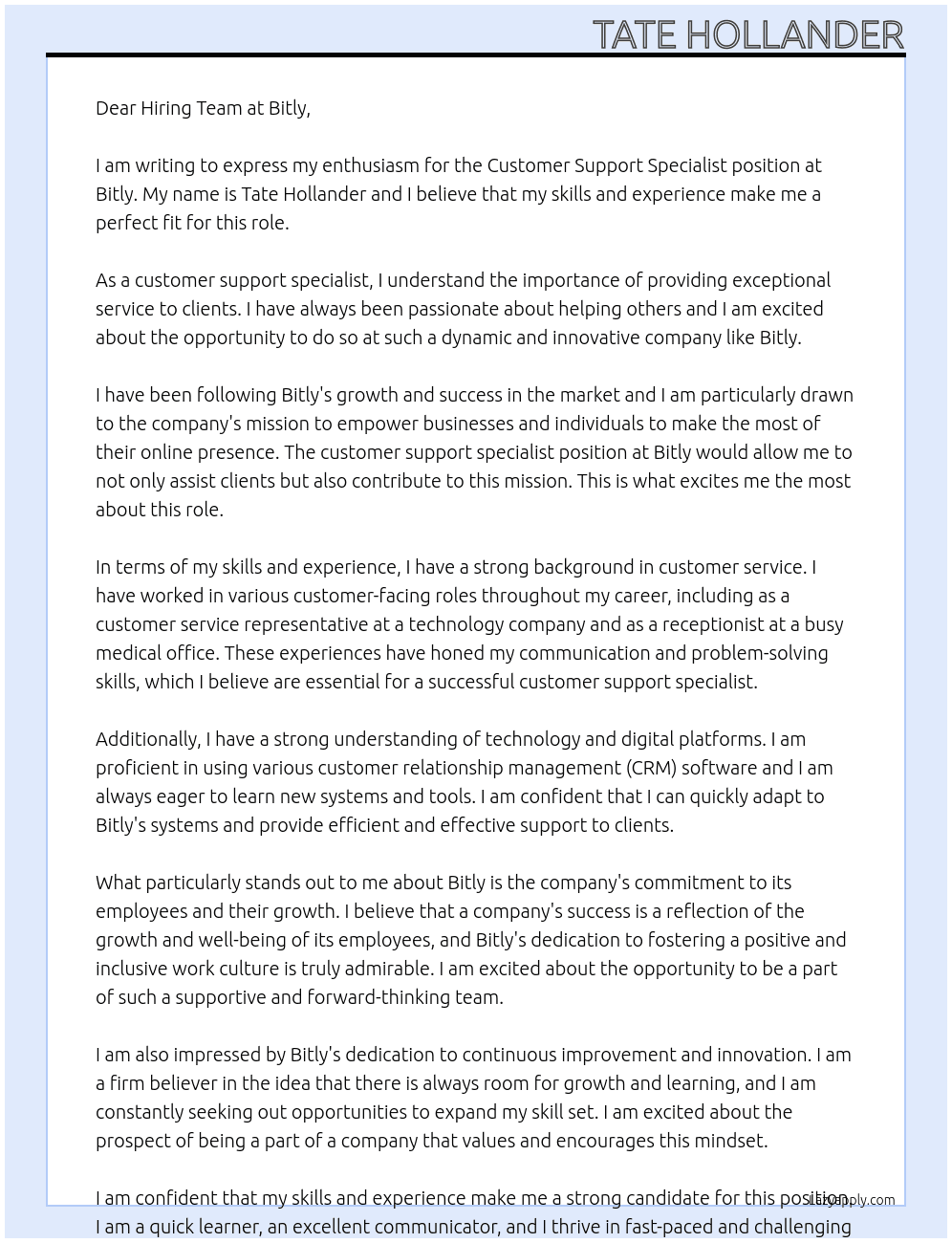Customer Support Specialist At Bitly Cover Letter