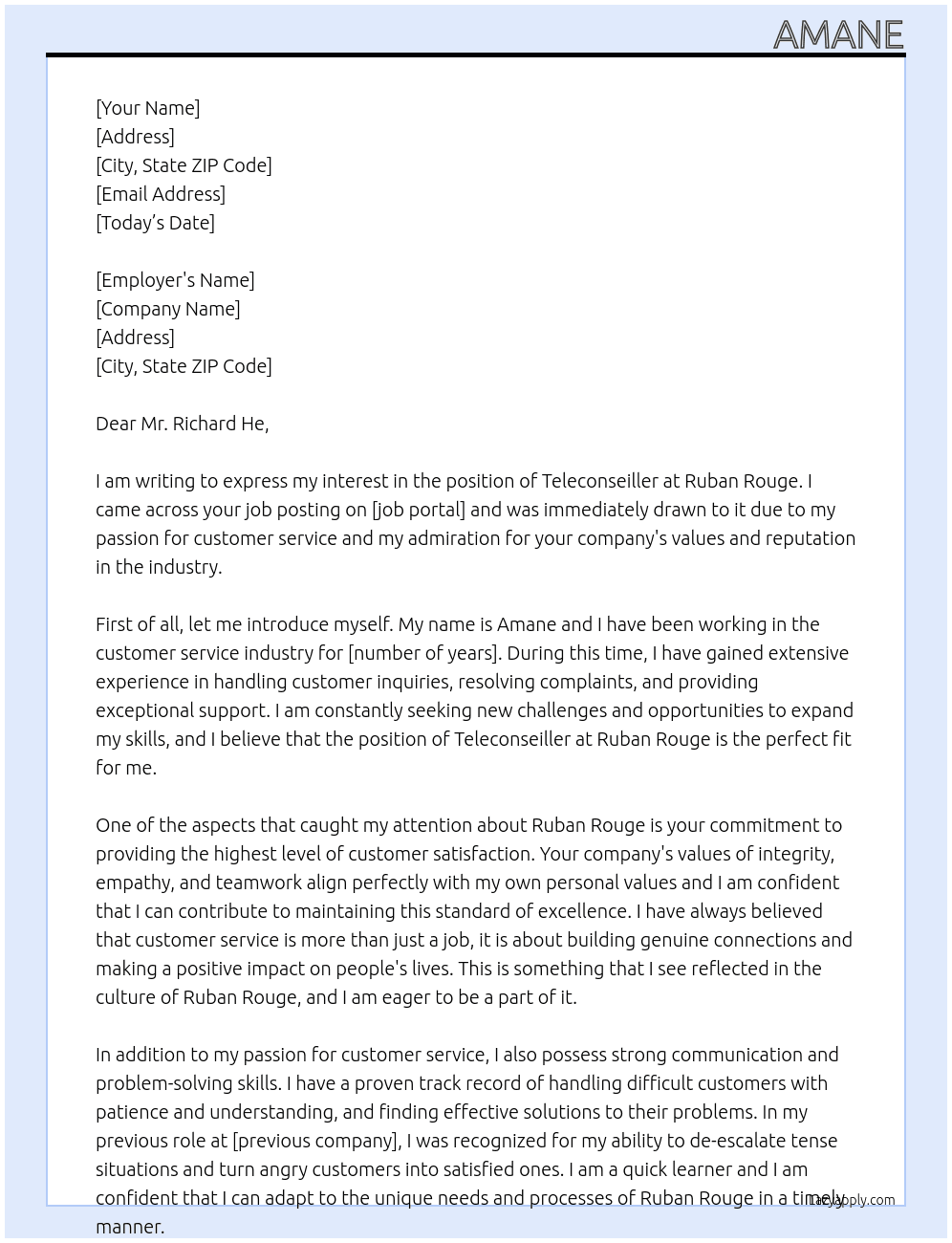 TELECONSEILLER At RUBAN ROUGE Cover Letter