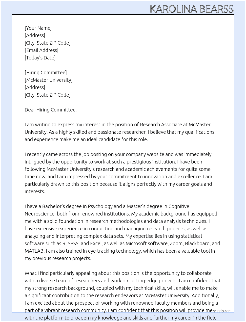 Research Associate At McMaster University Cover Letter