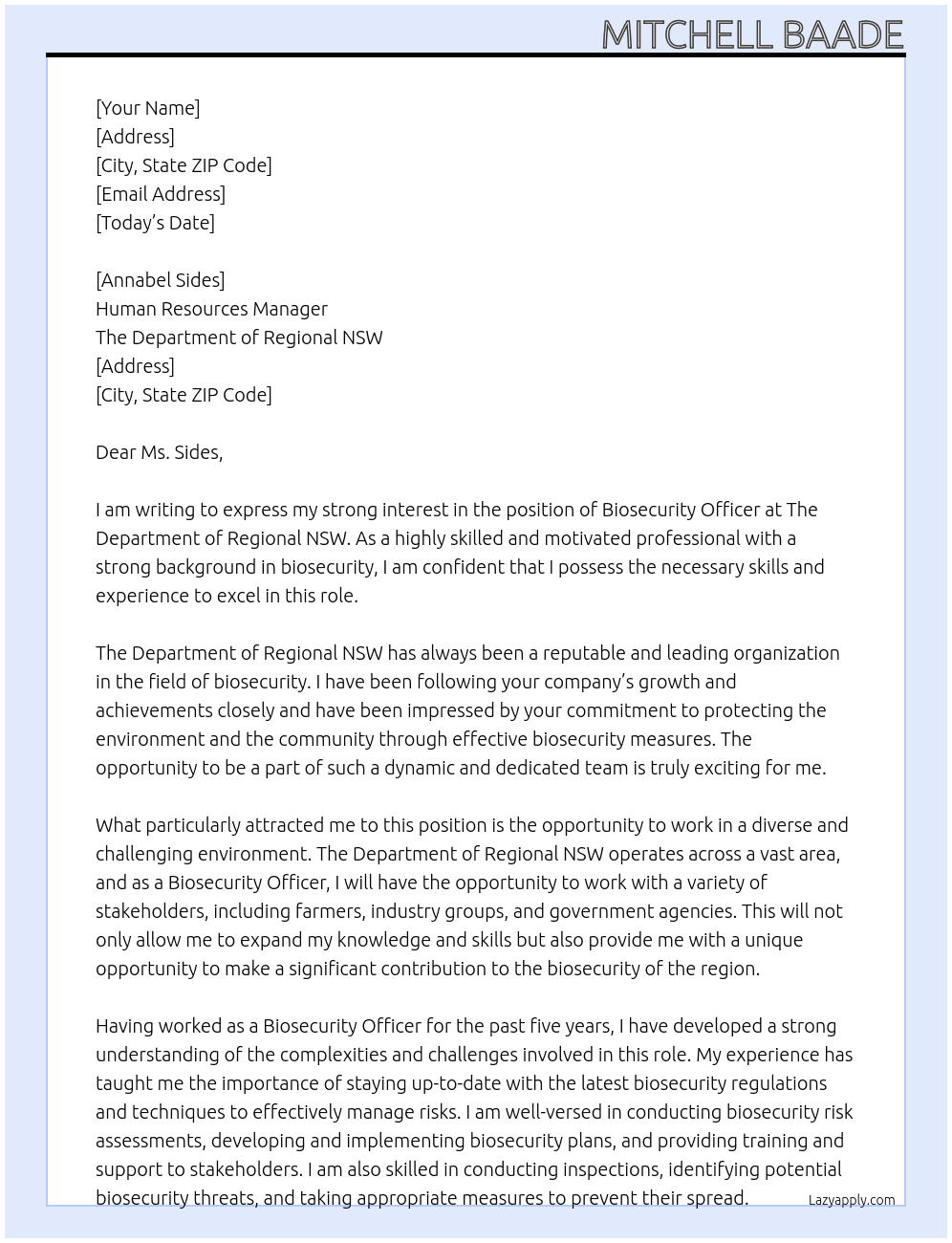 Biosecurity Officer At The Department of Regional NSW Cover Letter