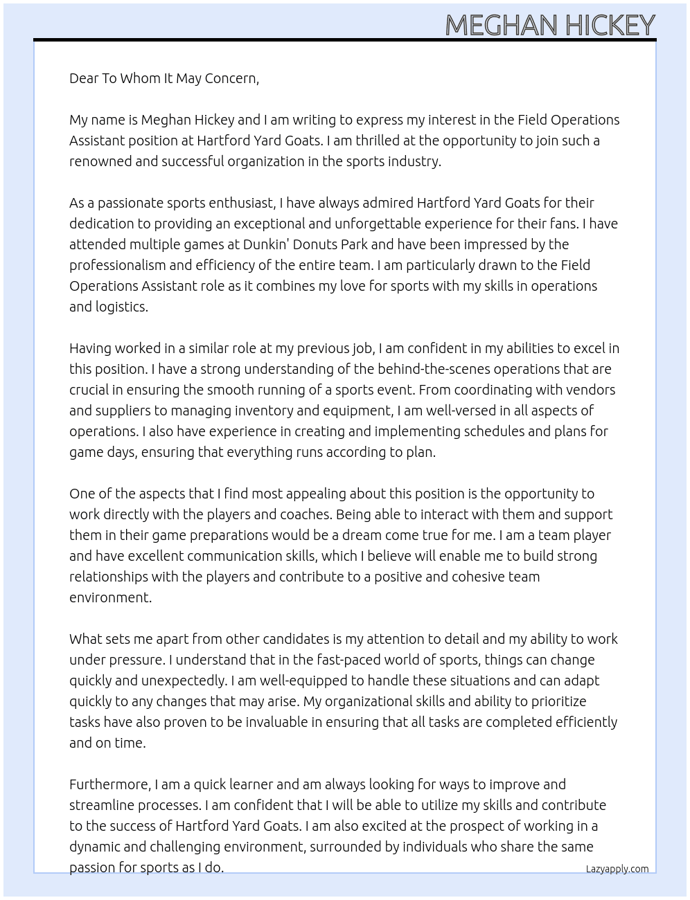 Field Operations Assistant At Hartford Yard Goats Cover Letter