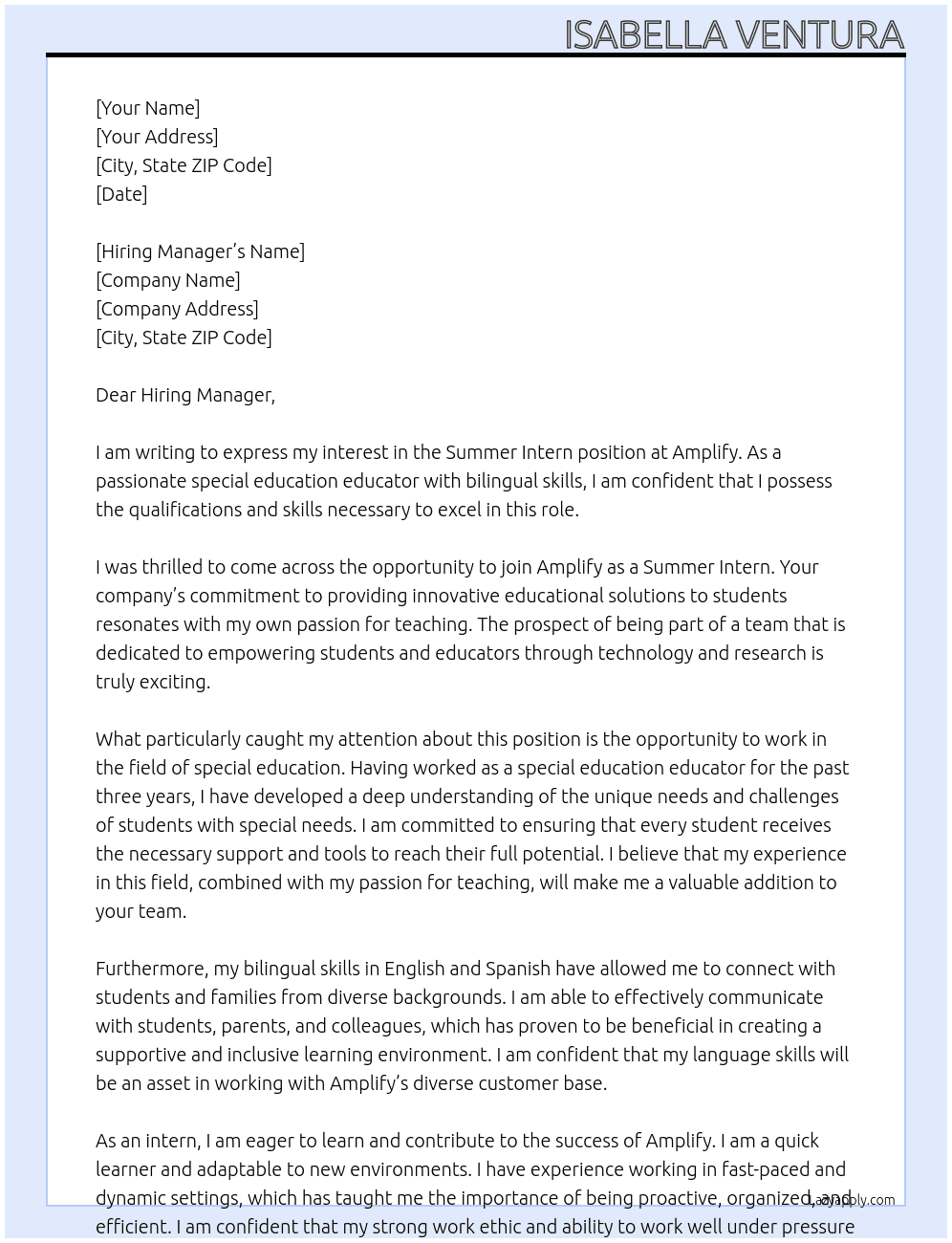 Summer Intern At Amplify Cover Letter