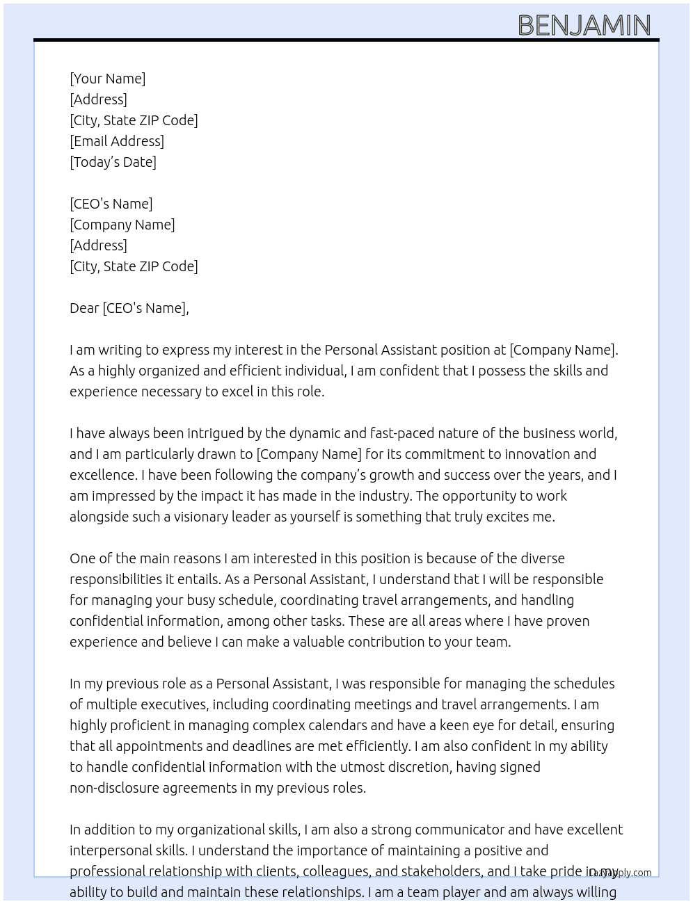Personal Assistant At CEO Cover Letter