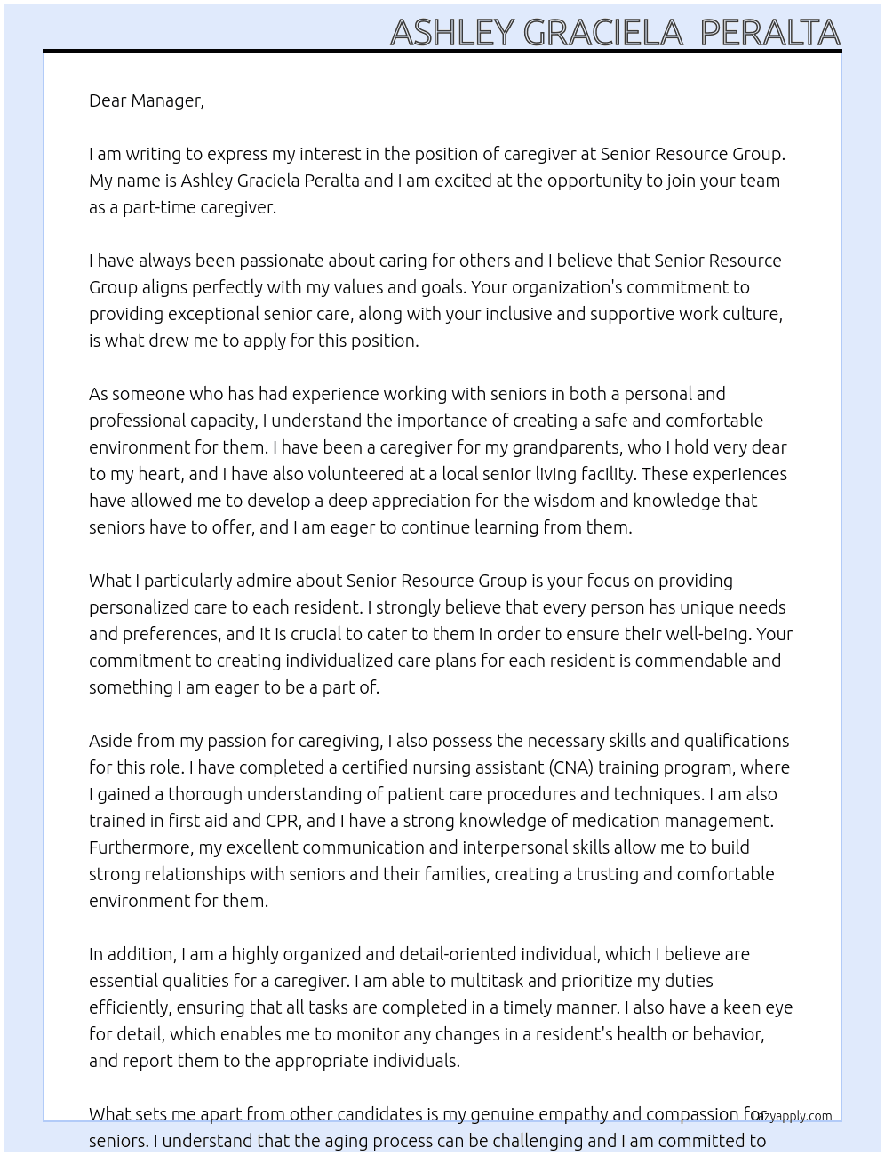 caregiver  At Senior Resource Group Cover Letter