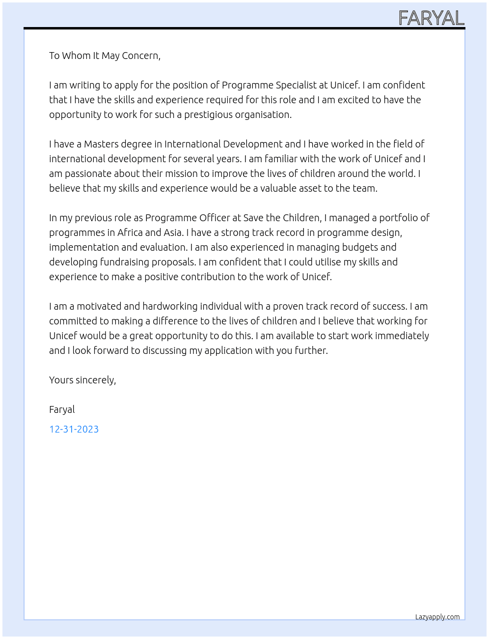 Programme Specialist  At Unicef Cover Letter