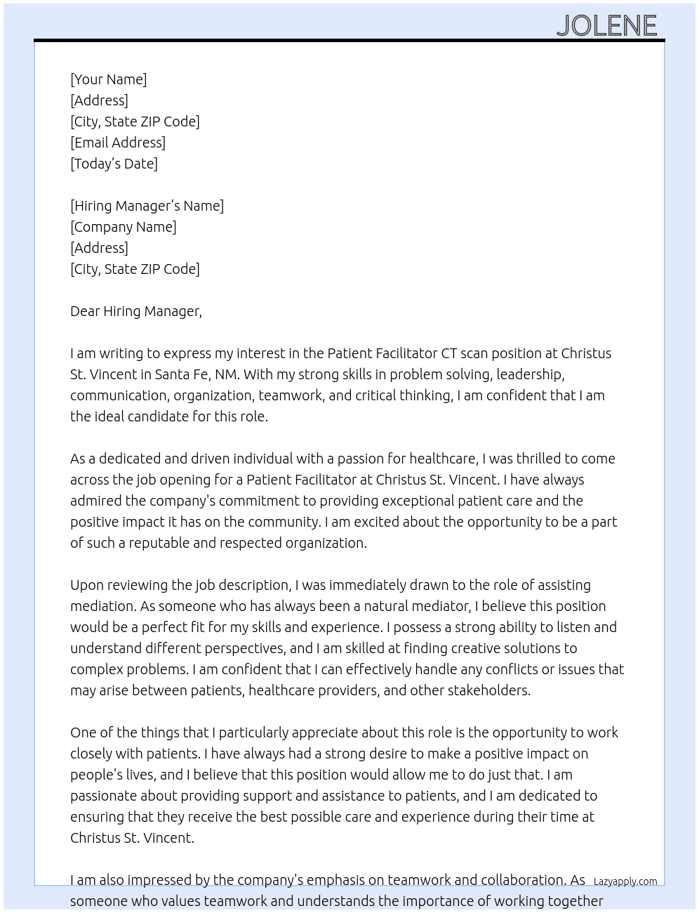 Patient Facilitator CT scan At Christus St. Vincent Cover Letter