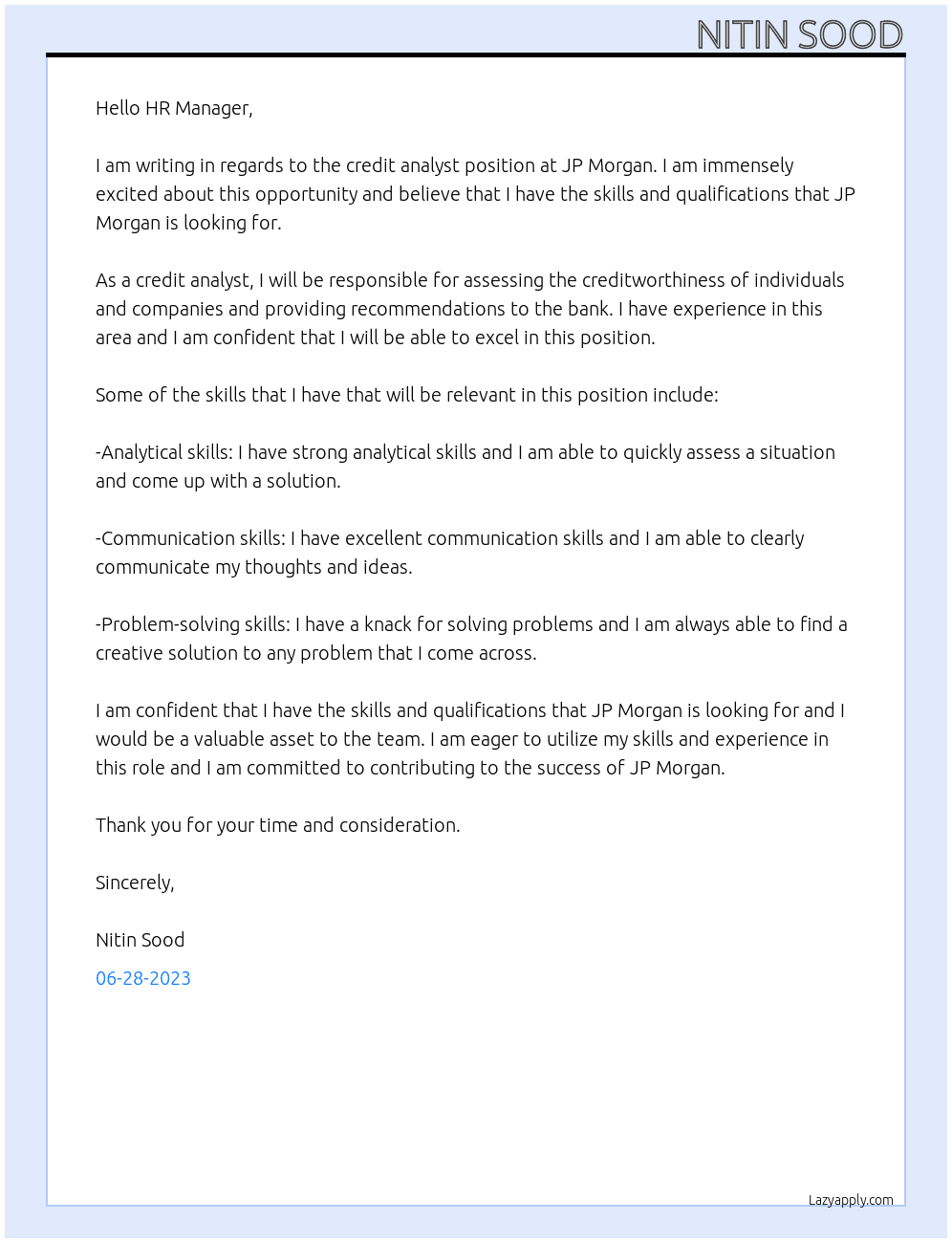 credit analyst At JP Morgan Cover Letter