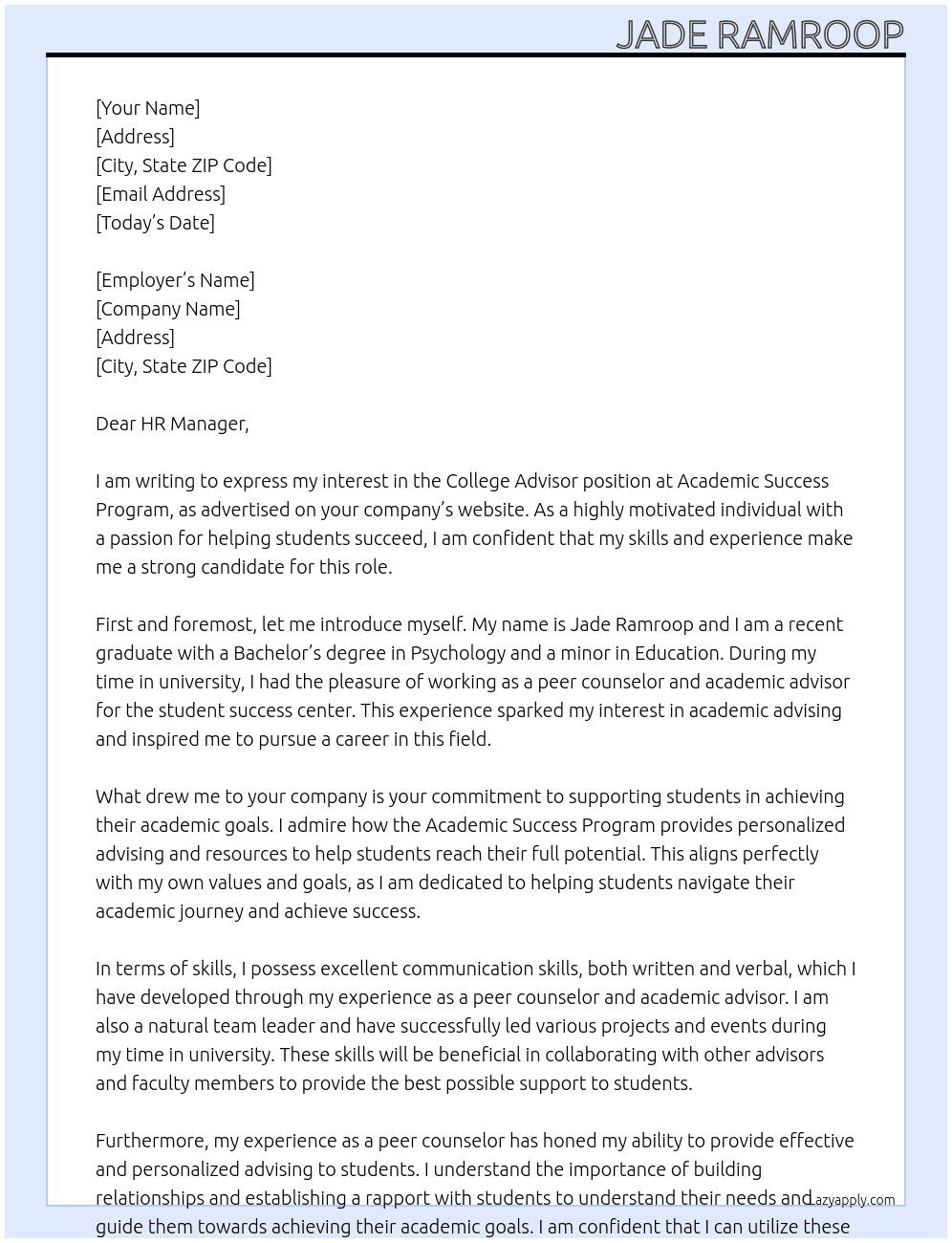College Advisor At Academic Success Program Cover Letter