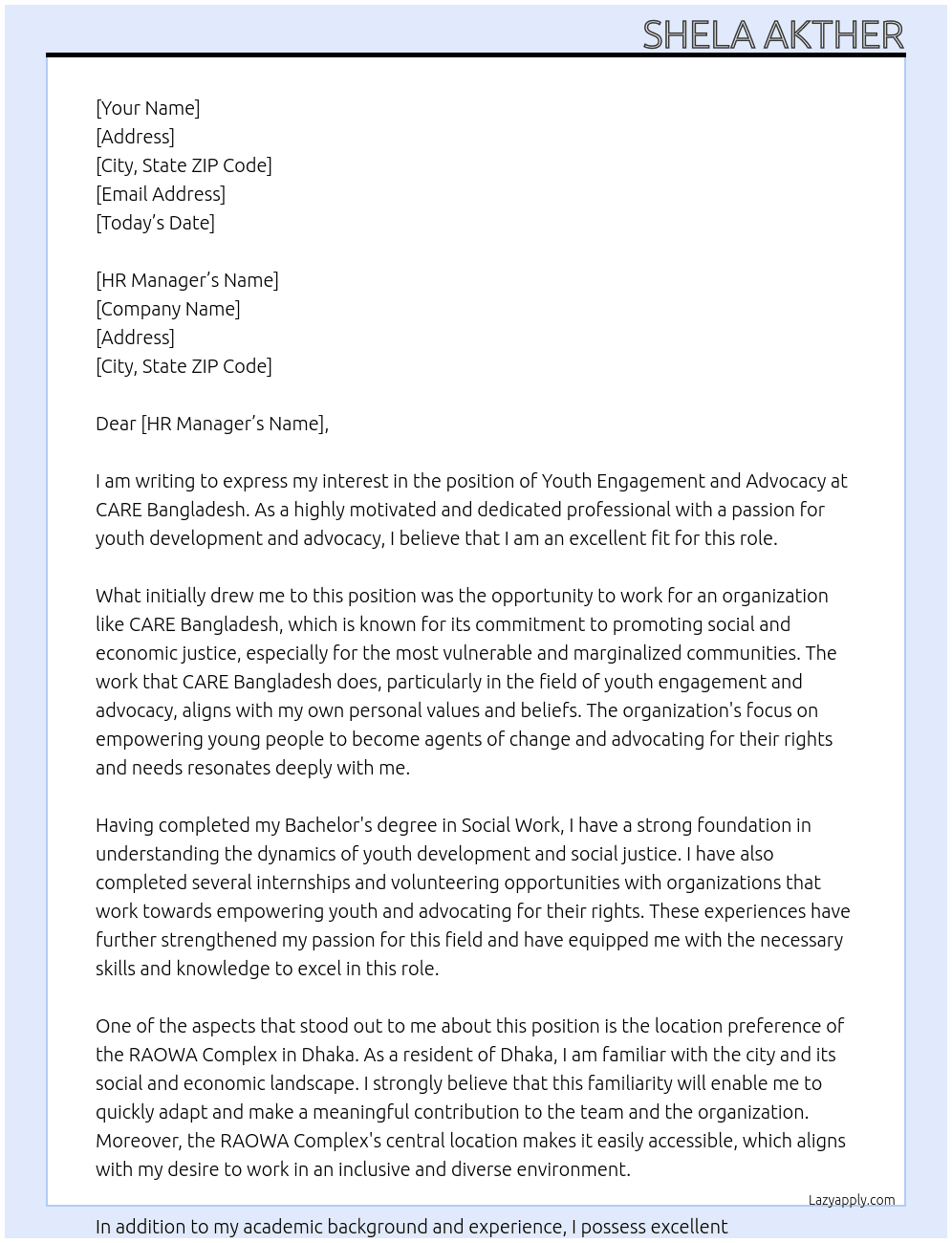 Youth Engagement and Advocacy At CARE Bangladesh Cover Letter