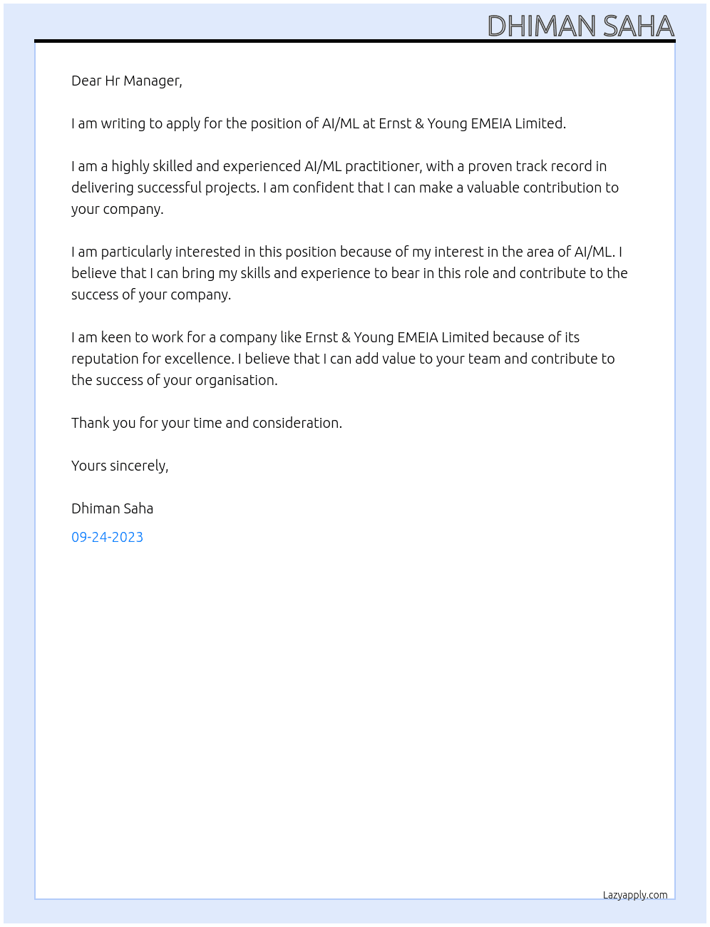 AI/ML At Ernst & Young EMEIA Limited  Cover Letter
