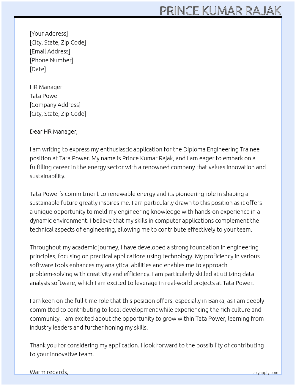 Diploma engineering trainee  At Tata Power  Cover Letter