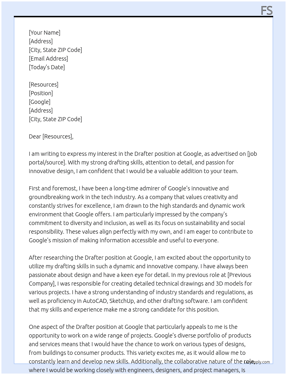 drafter At google Cover Letter