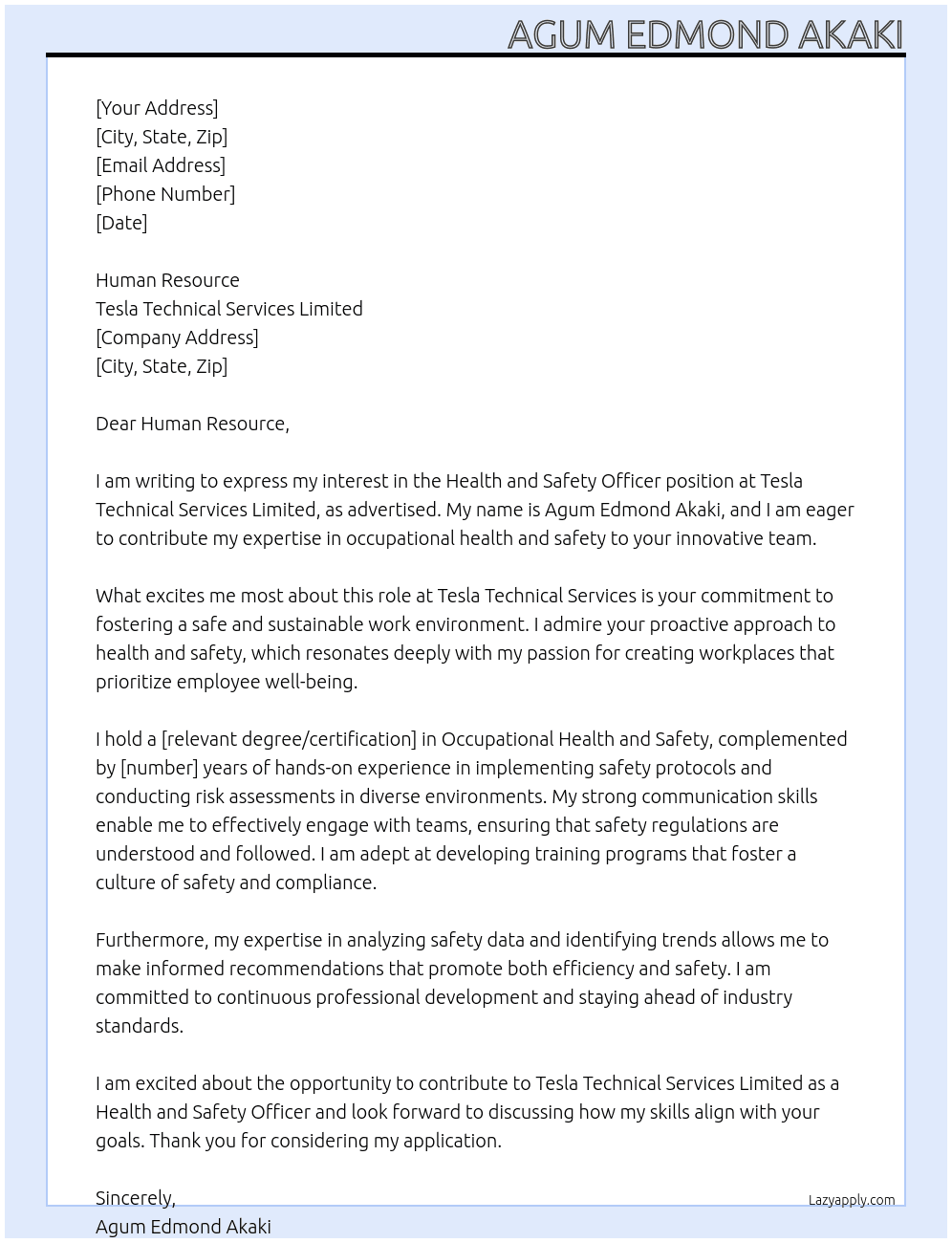 Health and Safety officer  At Tesla Technical Services Limited  Cover Letter