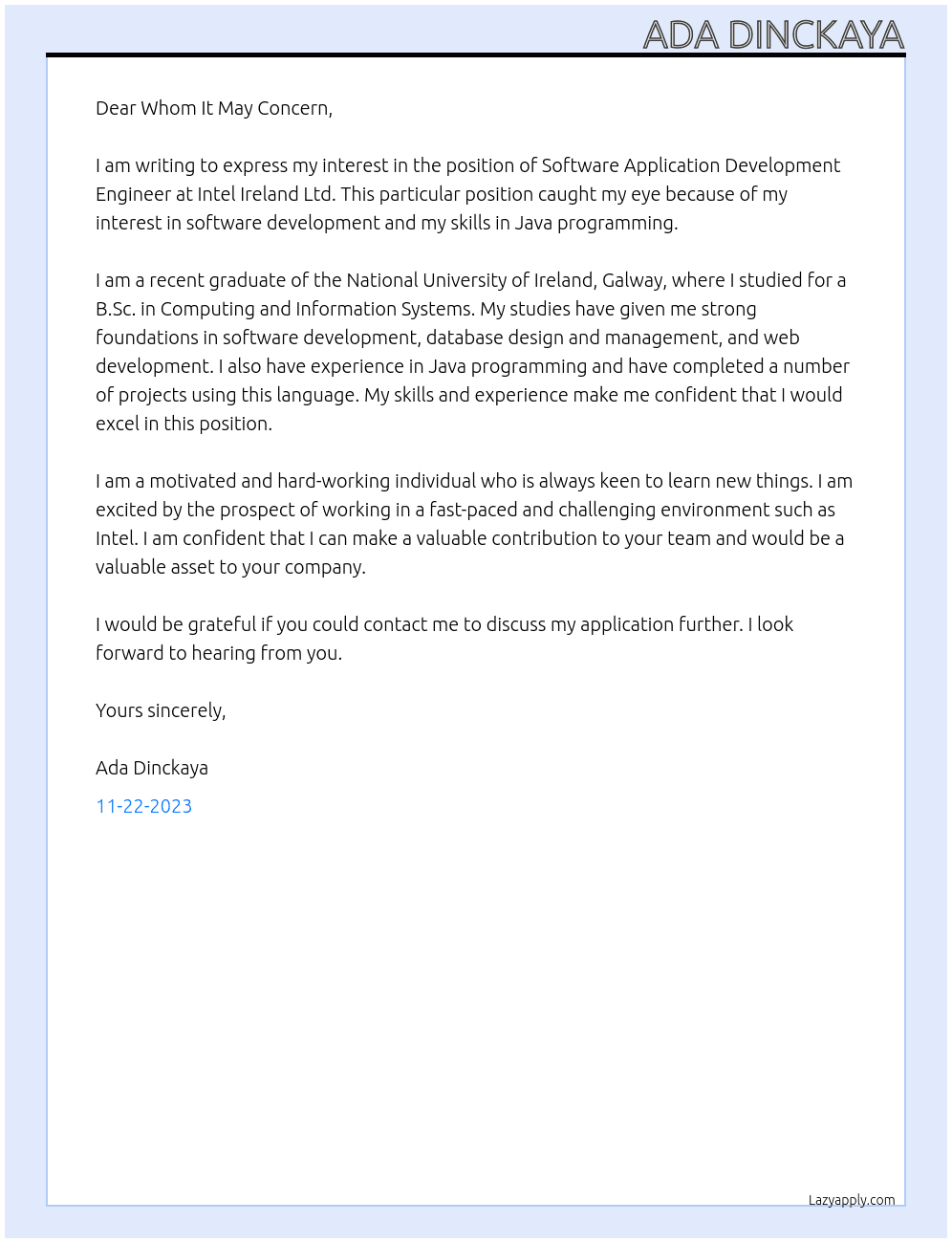 Software Application Development Engineer At Intel Ireland Ltd. Cover Letter