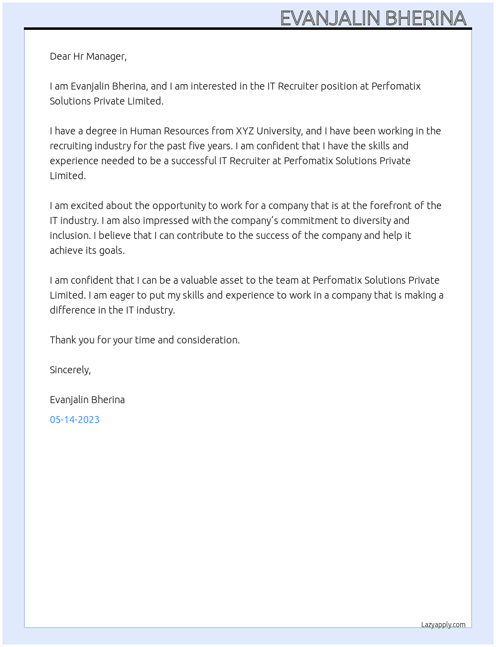 IT Recruiter At Perfomatix Solutions Private Limited Cover Letter