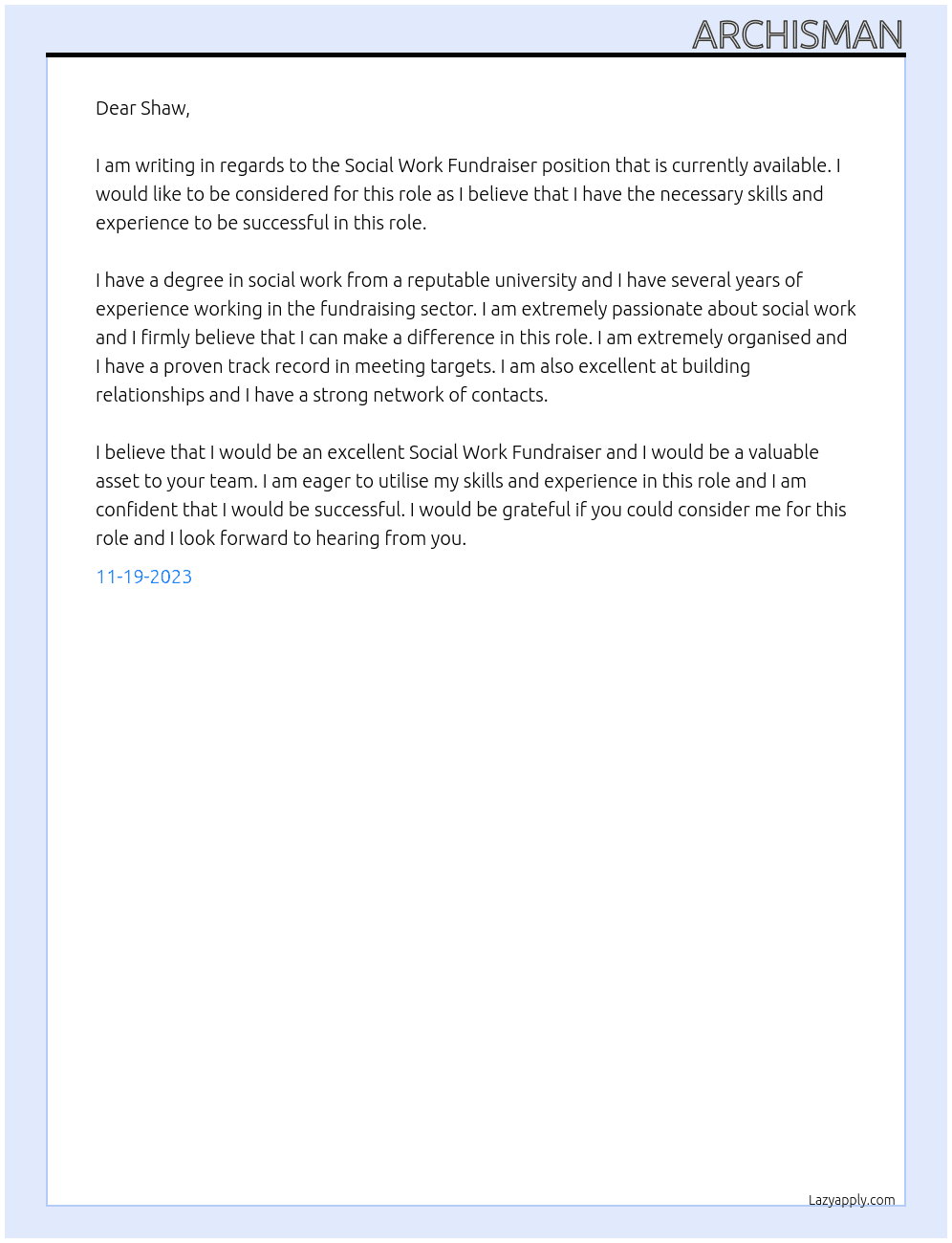 Social Work Fundraiser At Shaw Cover Letter